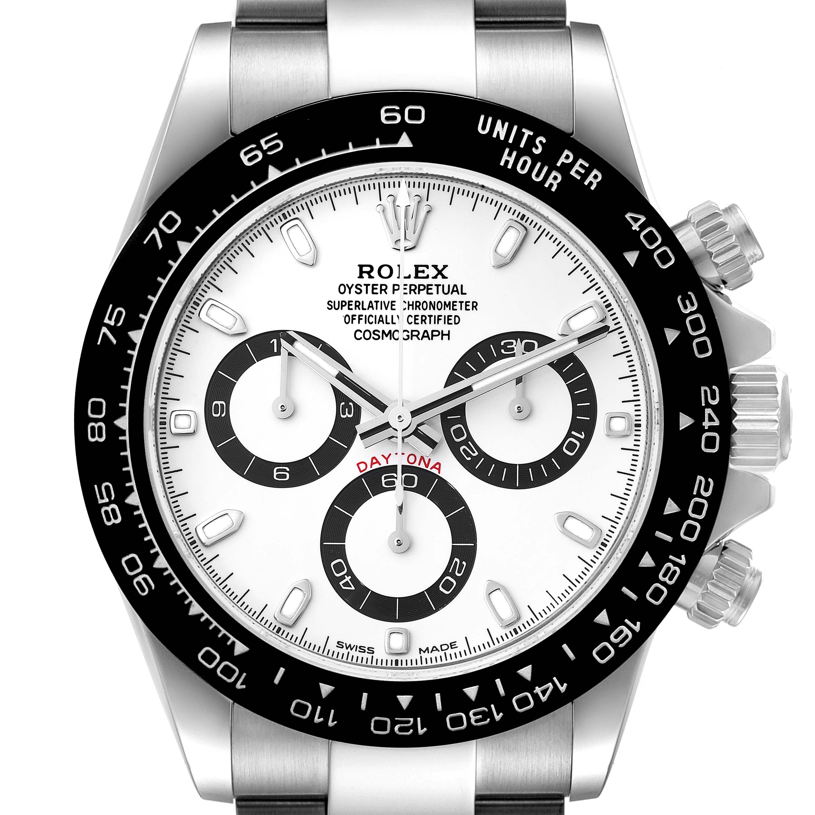 This image shows a front view of a Rolex Daytona 116500 Men's Stainless Steel White Dial 116500 Men's Stainless Steel White Dial watch, highlighting its dial, bezel, and chronograph subdials.