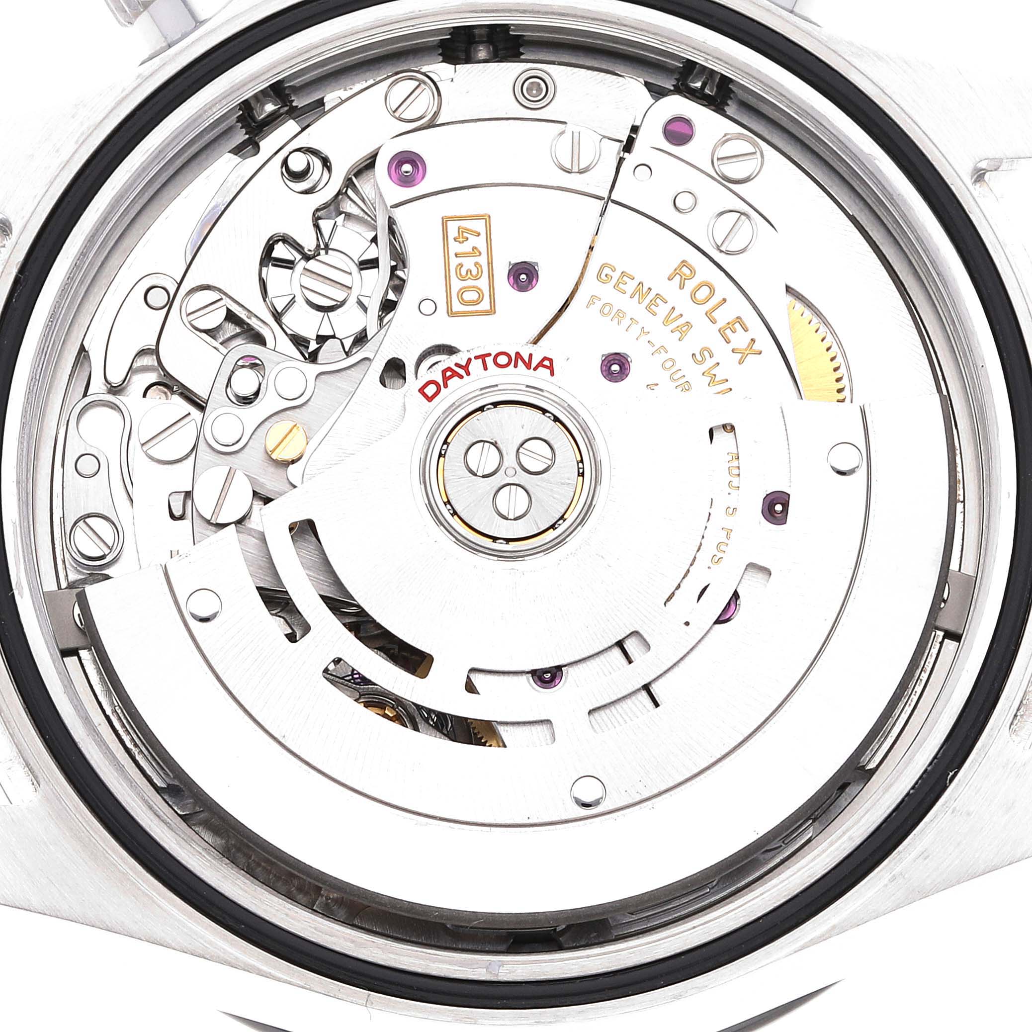 This image shows the inner movement mechanism of a Rolex Daytona 116500 Men's Stainless Steel White Dial 116500 Men's Stainless Steel White Dial watch.
