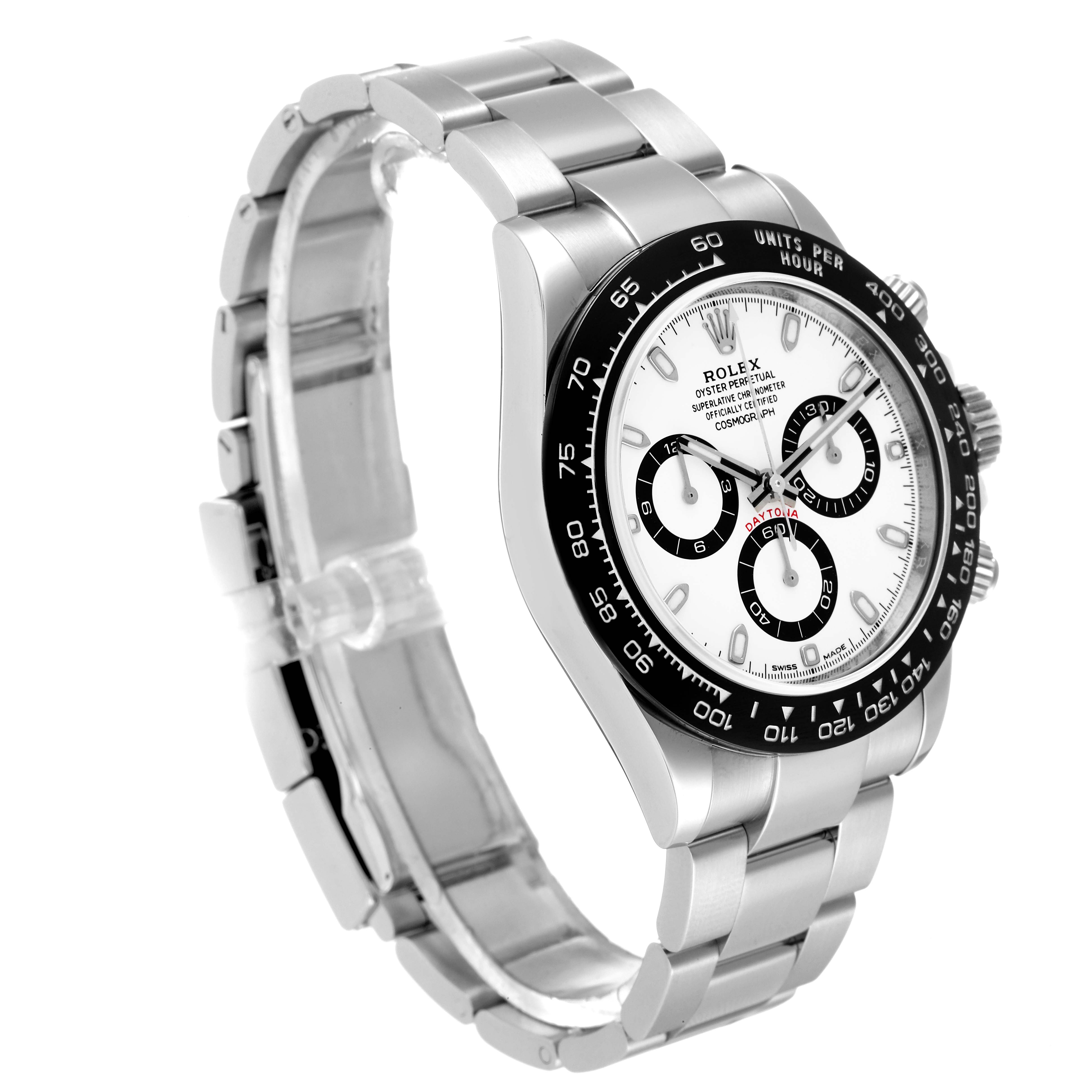 The Rolex Daytona 116500 Men's Stainless Steel White Dial 116500 Men's Stainless Steel White Dial watch is shown at an oblique angle, displaying the face, bezel, crown, and stainless steel bracelet.