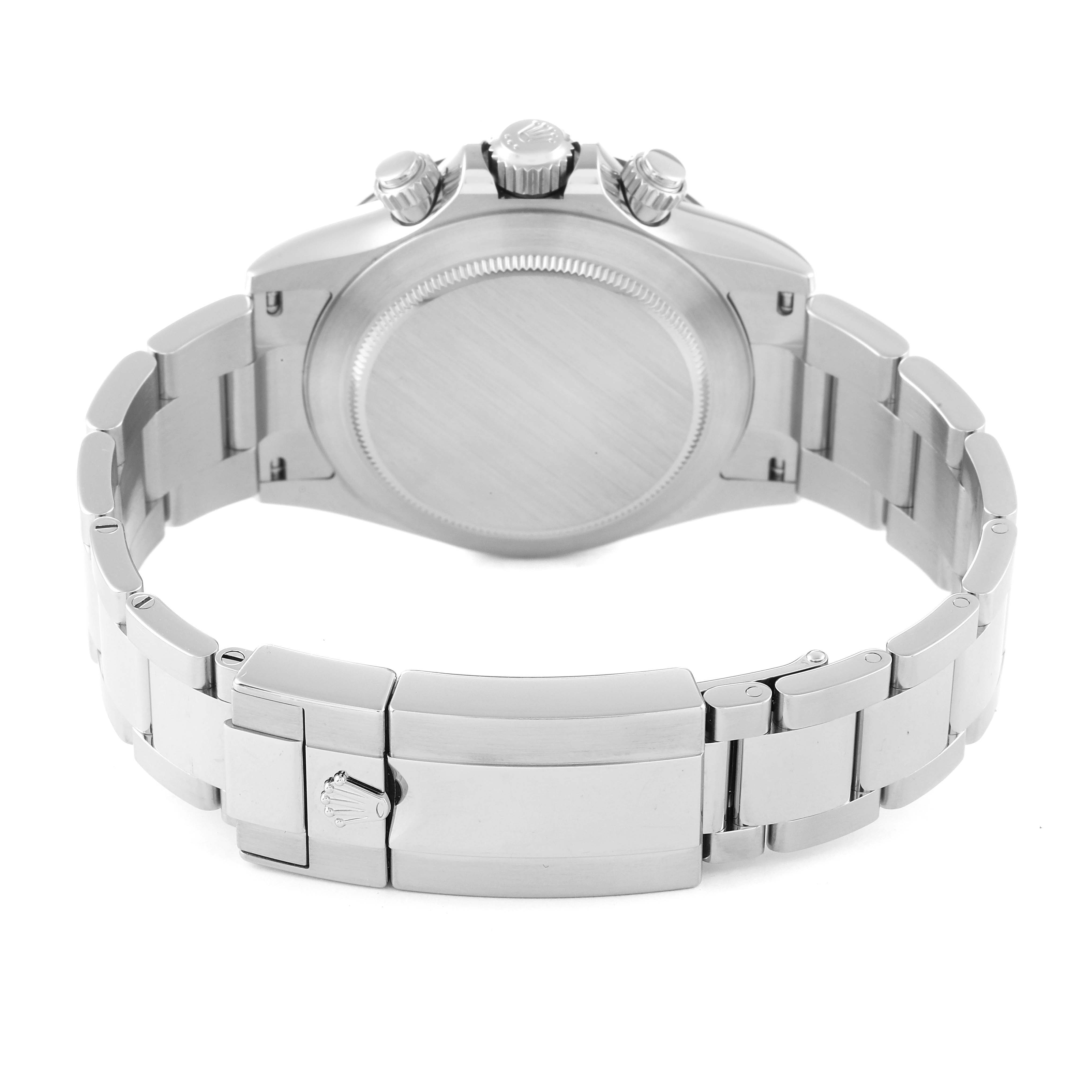 The image shows the back case and bracelet clasp of a Rolex Daytona 116500 Men's Stainless Steel White Dial 116500 Men's Stainless Steel White Dial watch from a straight rear view angle.