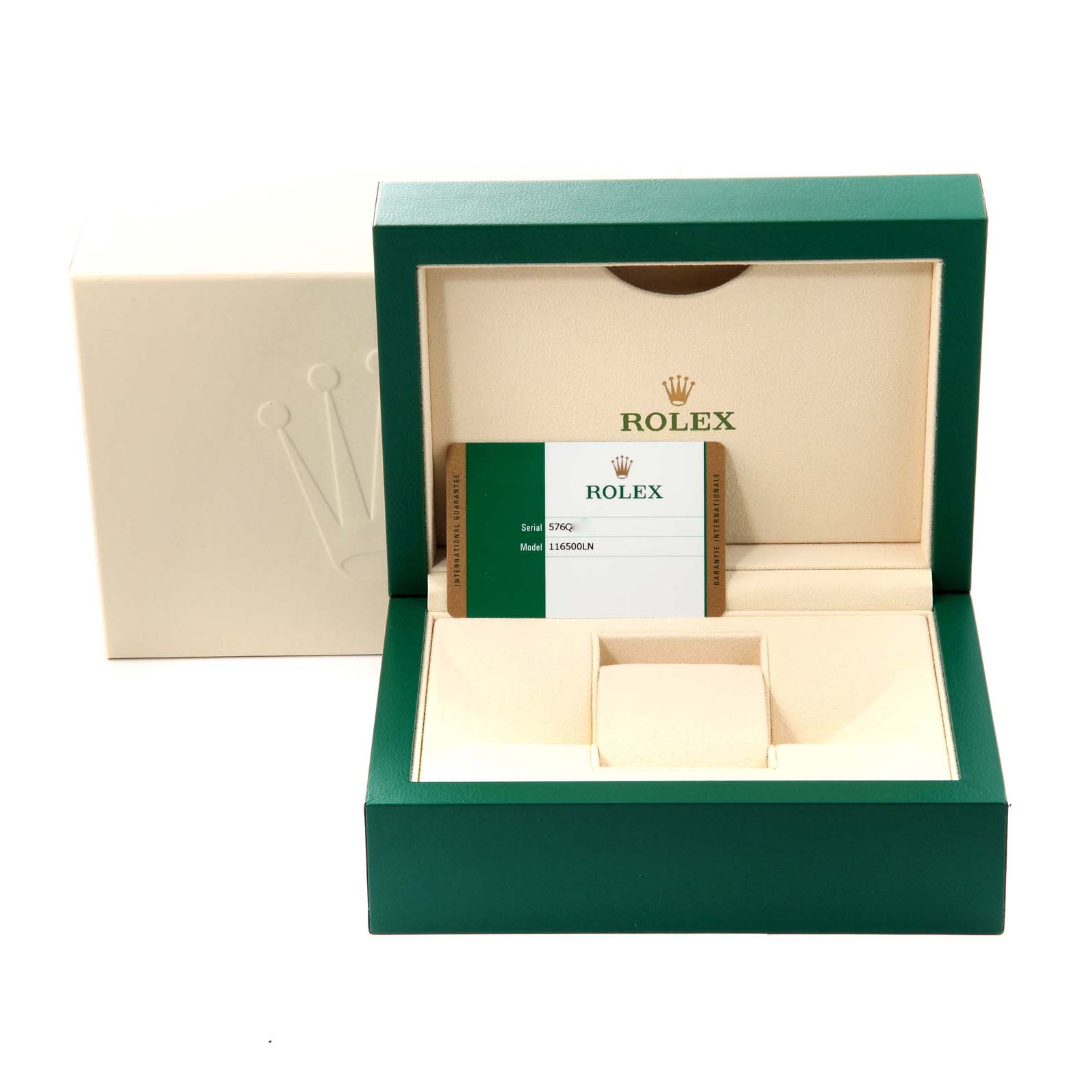The image shows an empty Rolex Daytona 116500 Men's Stainless Steel White Dial 116500 Men's Stainless Steel White Dial watch box and authentication card, photographed from the front.