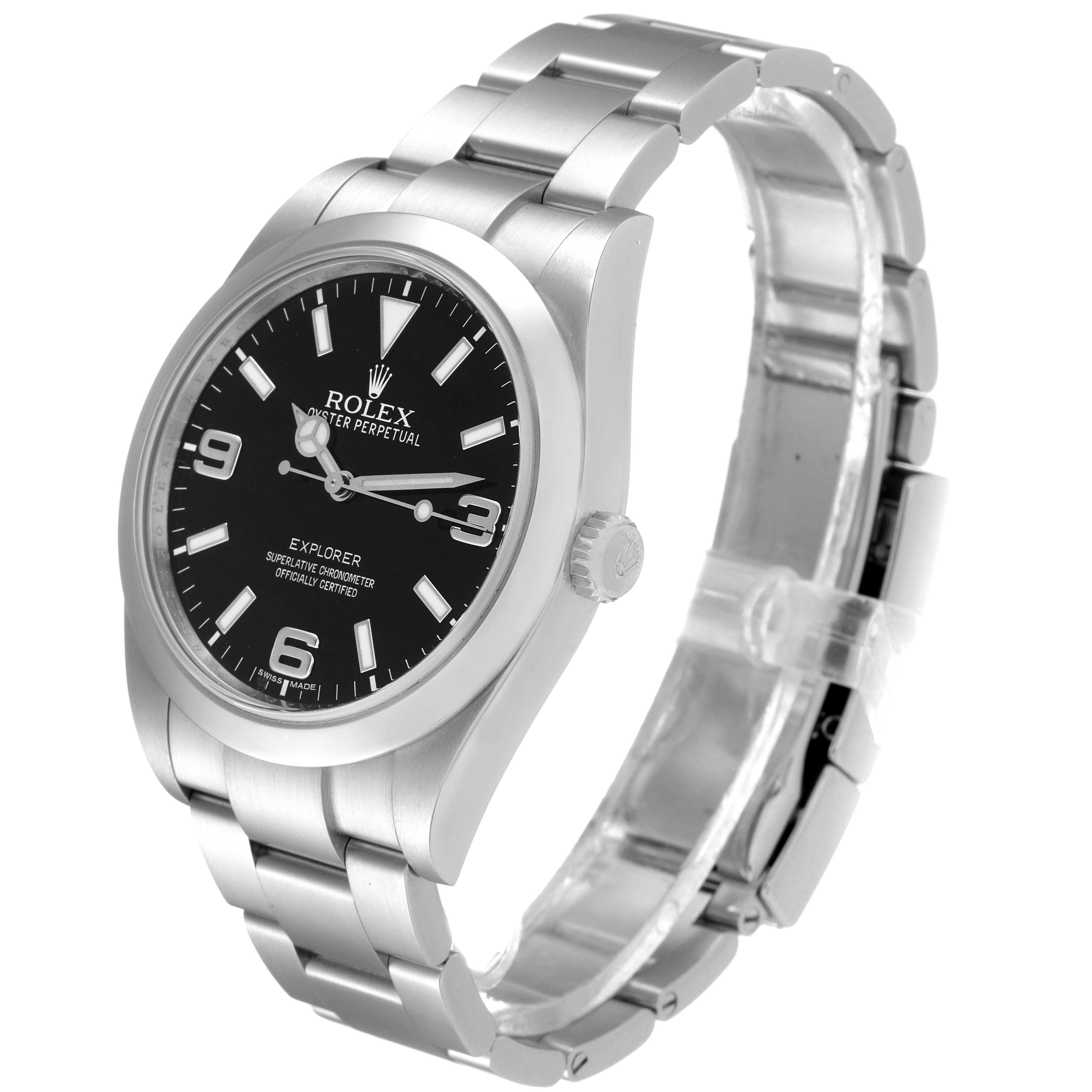 The image shows a Rolex Explorer 214270 Men's Stainless Steel Black Dial 214270 Men's Stainless Steel Black Dial watch at a slight angle, highlighting the face, dial, and metal bracelet.