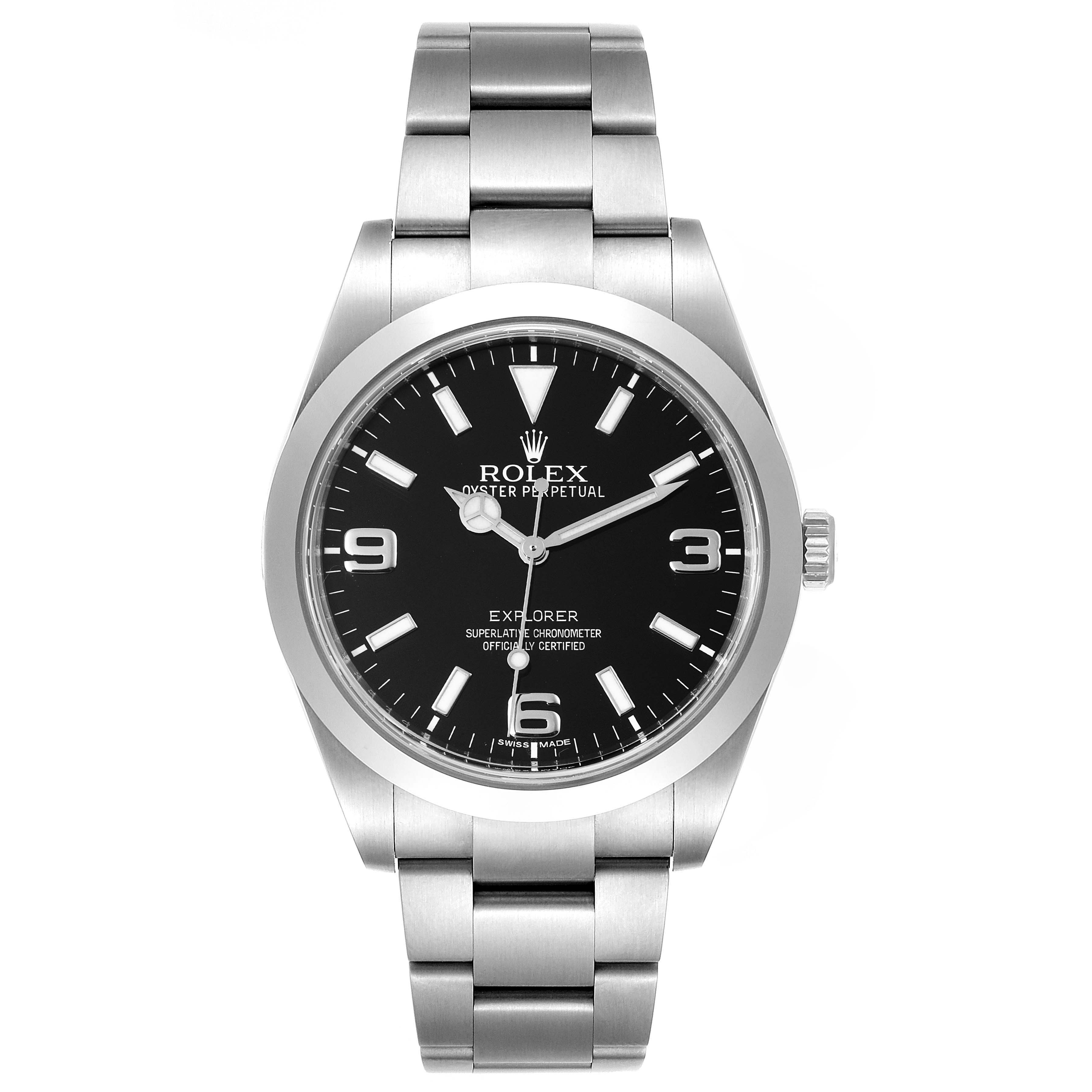 This image shows a front view of the Rolex Explorer 214270 Men's Stainless Steel Black Dial 214270 Men's Stainless Steel Black Dial watch, featuring its black dial, stainless steel case, and bracelet.