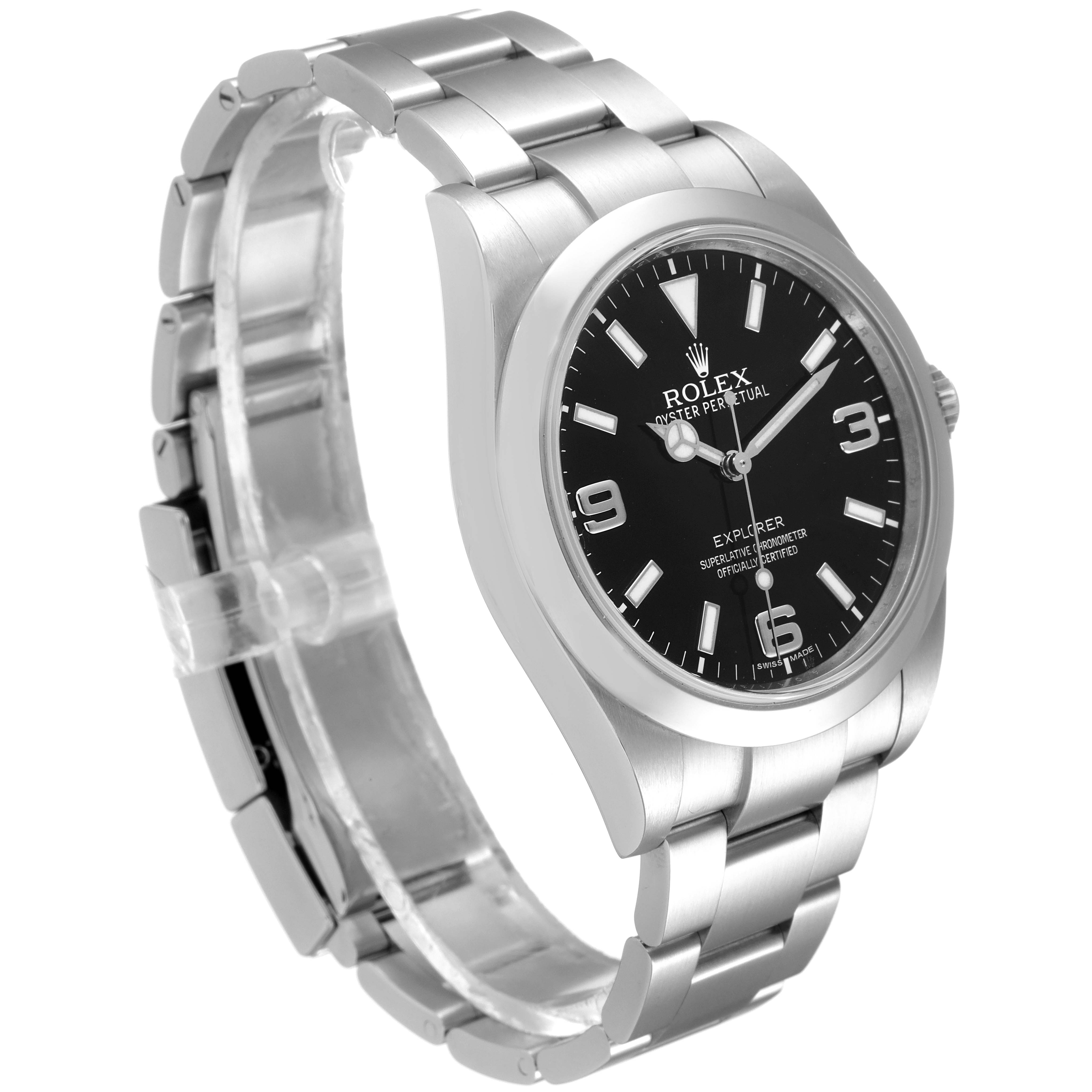 The Rolex Explorer 214270 Men's Stainless Steel Black Dial 214270 Men's Stainless Steel Black Dial watch is shown at an angled side view, displaying the face, bezel, crown, and part of the bracelet.
