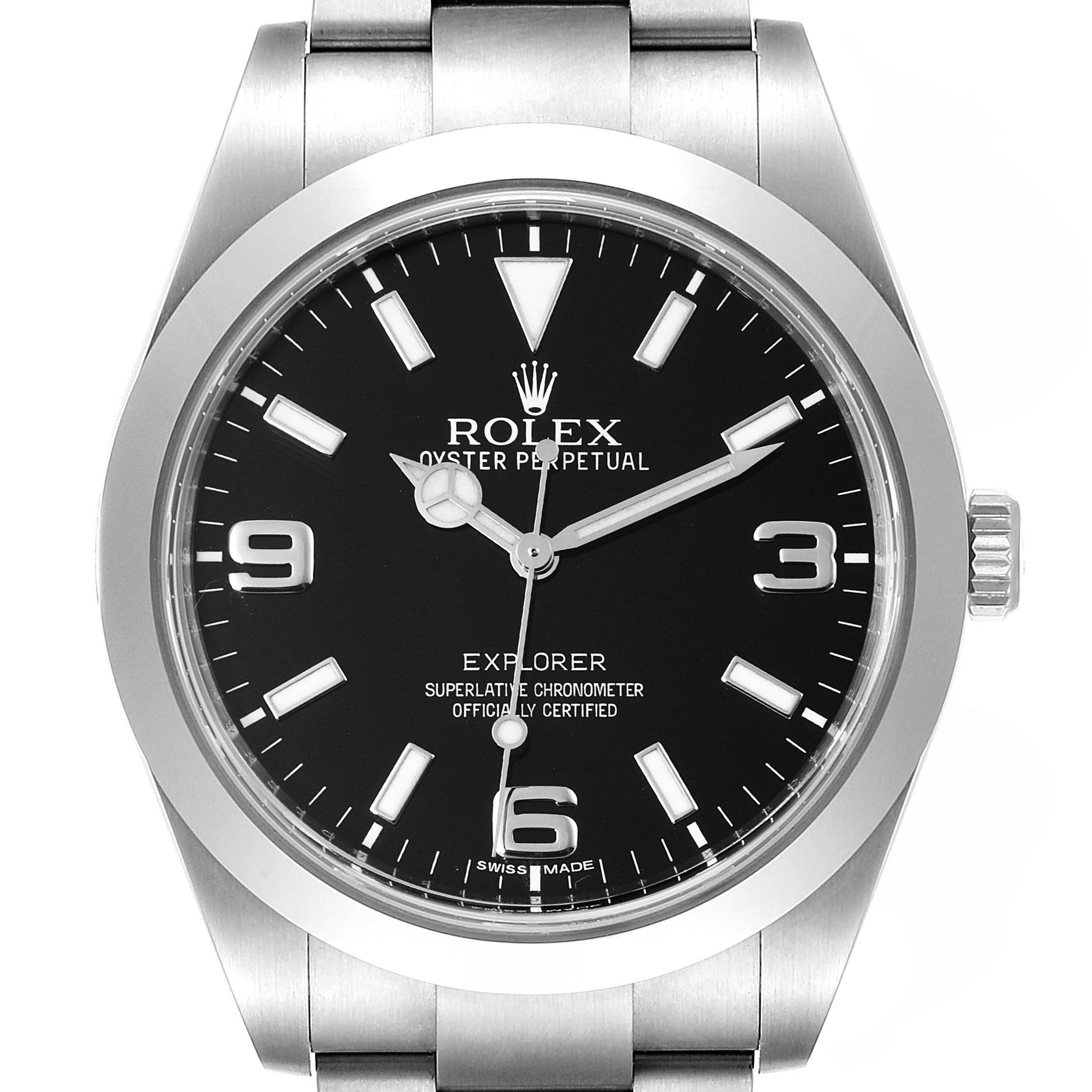 This image shows a front view of a Rolex Explorer 214270 Men's Stainless Steel Black Dial 214270 Men's Stainless Steel Black Dial watch, highlighting its black dial, silver hour markers, and stainless steel band.