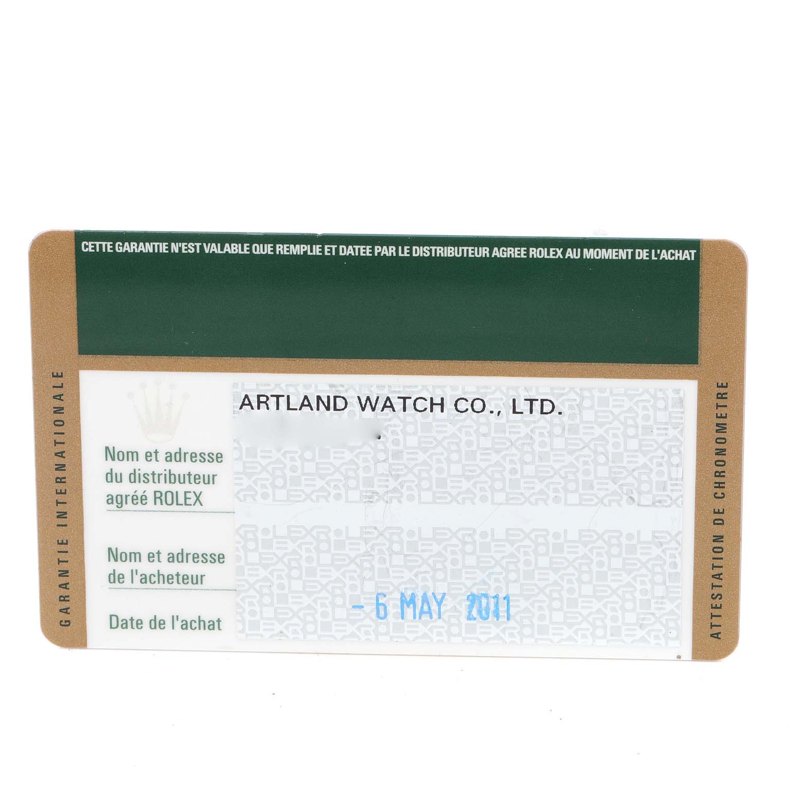 The image shows a guarantee card for the Rolex Explorer 214270 Men's Stainless Steel Black Dial 214270 Men's Stainless Steel Black Dial model, featuring the distributor's name and purchase date.