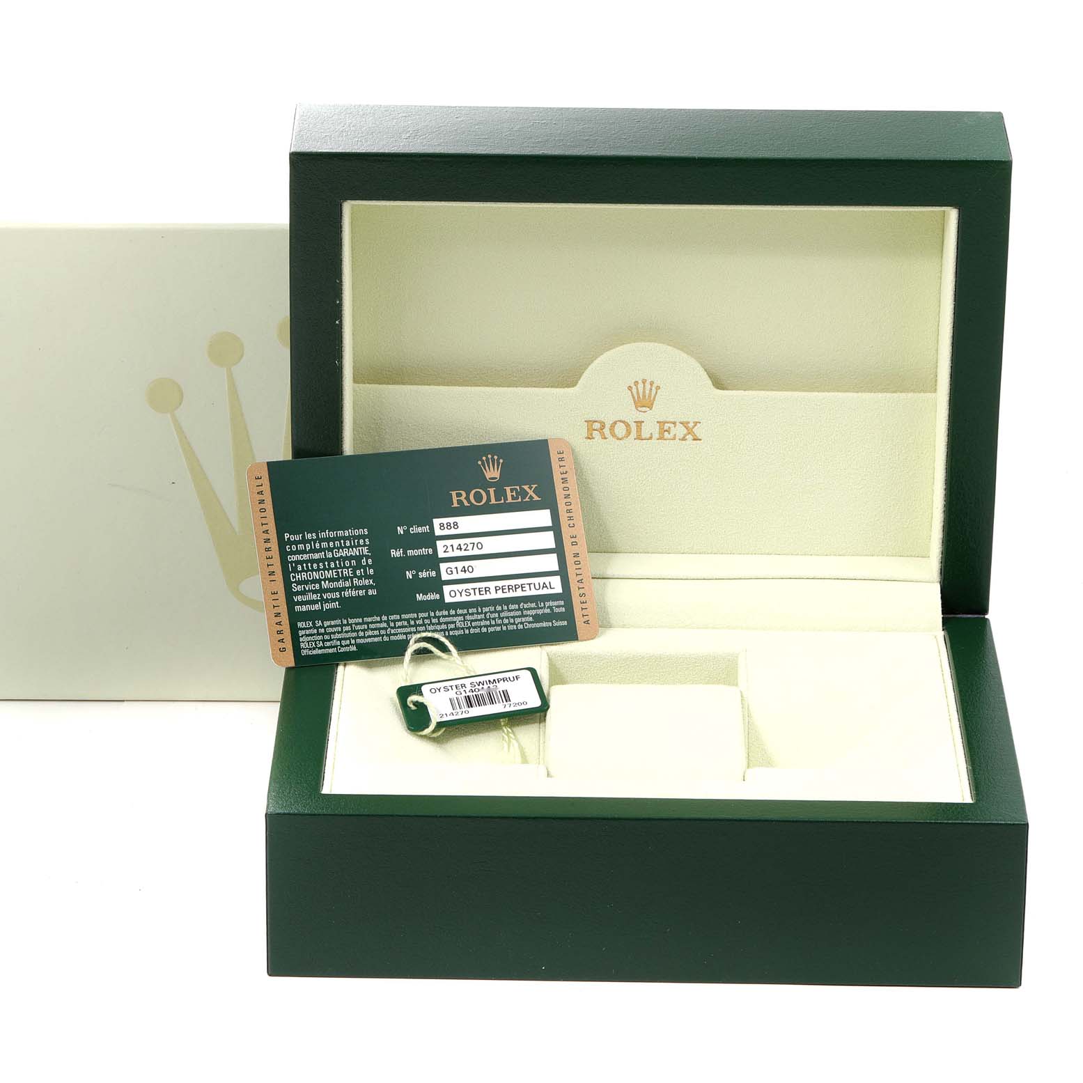 The image shows an open green Rolex box for the Explorer model, with an authenticity card and a tag inside.
