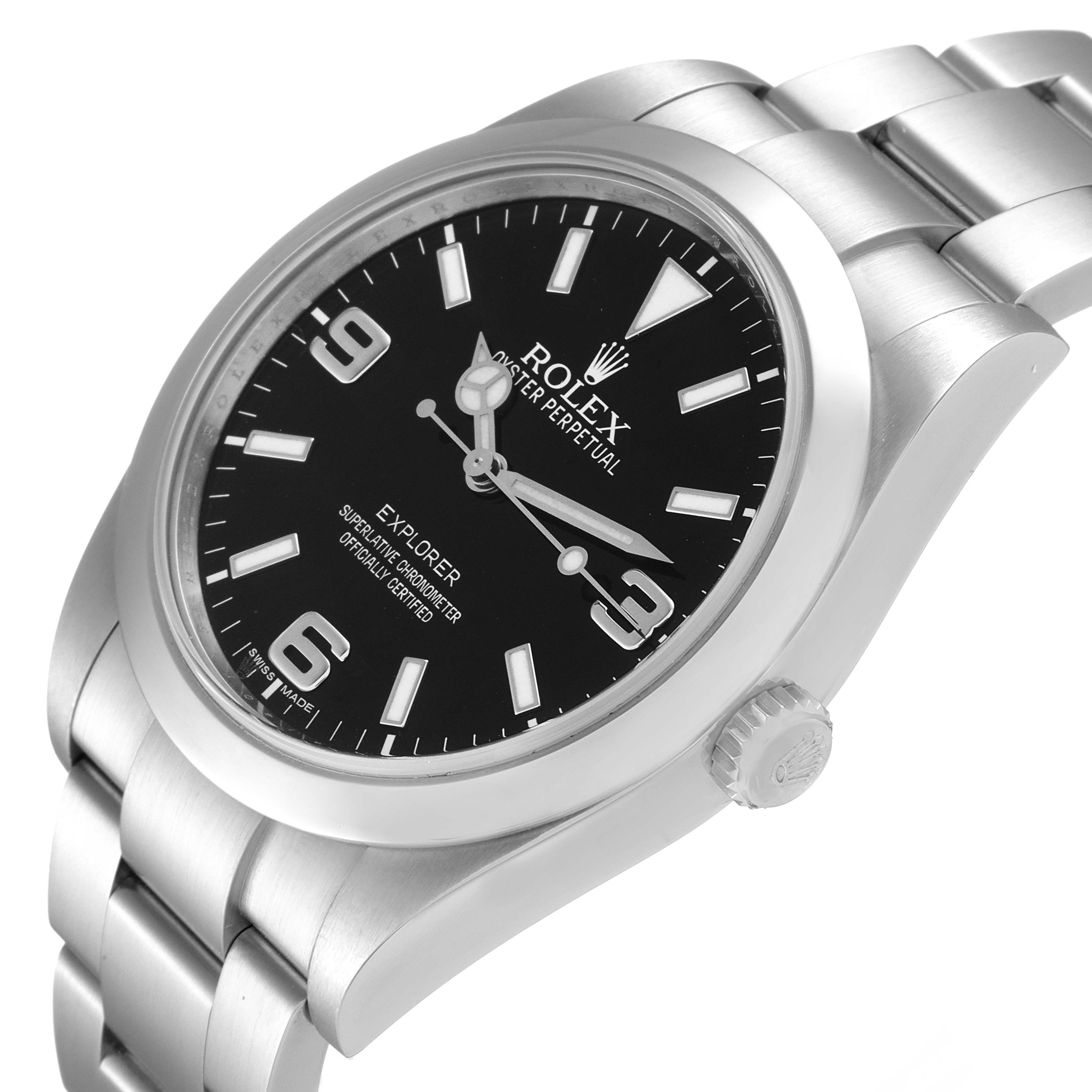 The Rolex Explorer 214270 Men's Stainless Steel Black Dial 214270 Men's Stainless Steel Black Dial watch is shown at a slight angle with a focus on its face, bezel, crown, and part of its bracelet.