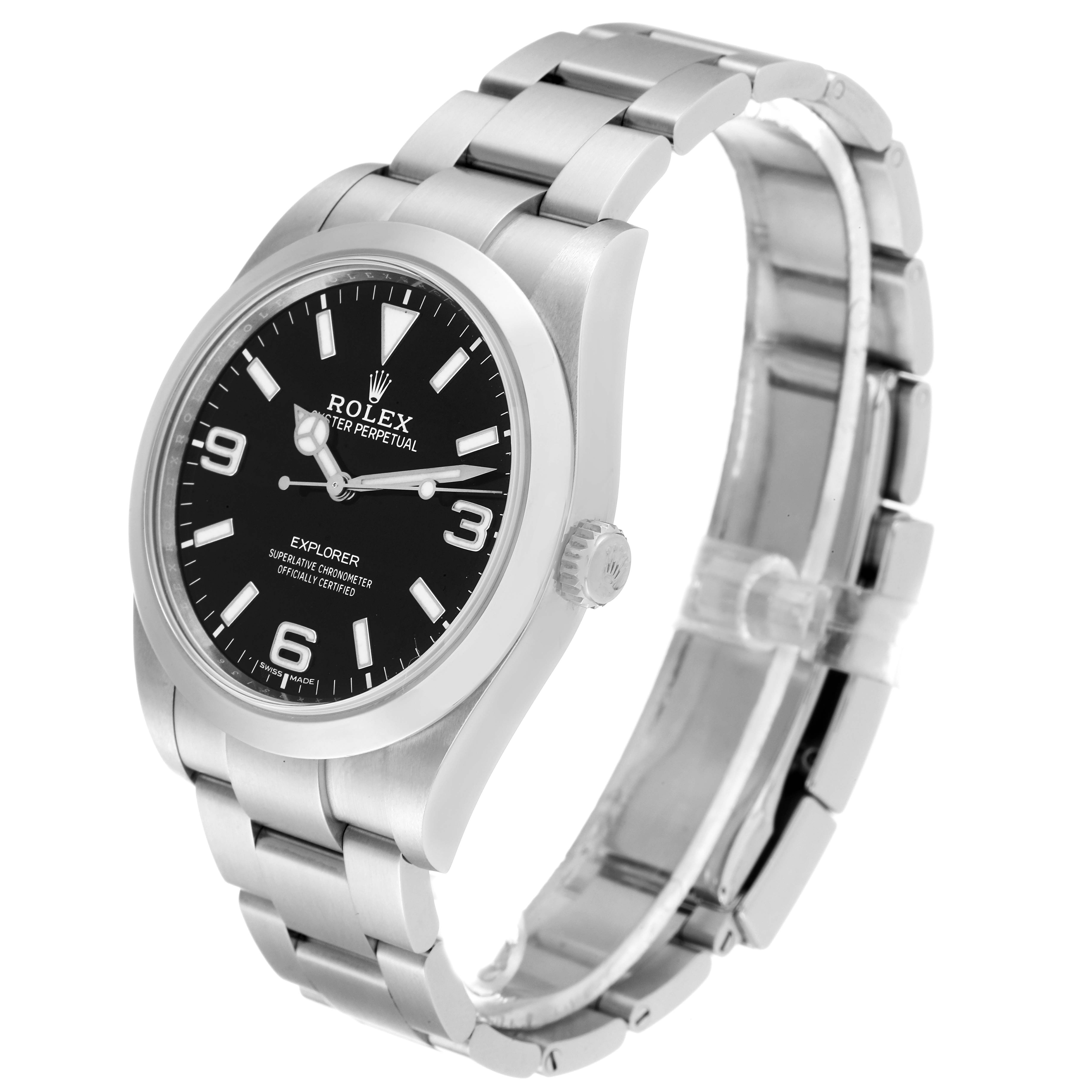 This image shows a Rolex Explorer 214270 Men
s Stainless Steel Black Dial 214270 Men
s Stainless Steel Black Dial watch at a slight angle, displaying its black dial, markers, bezel, and metallic bracelet.