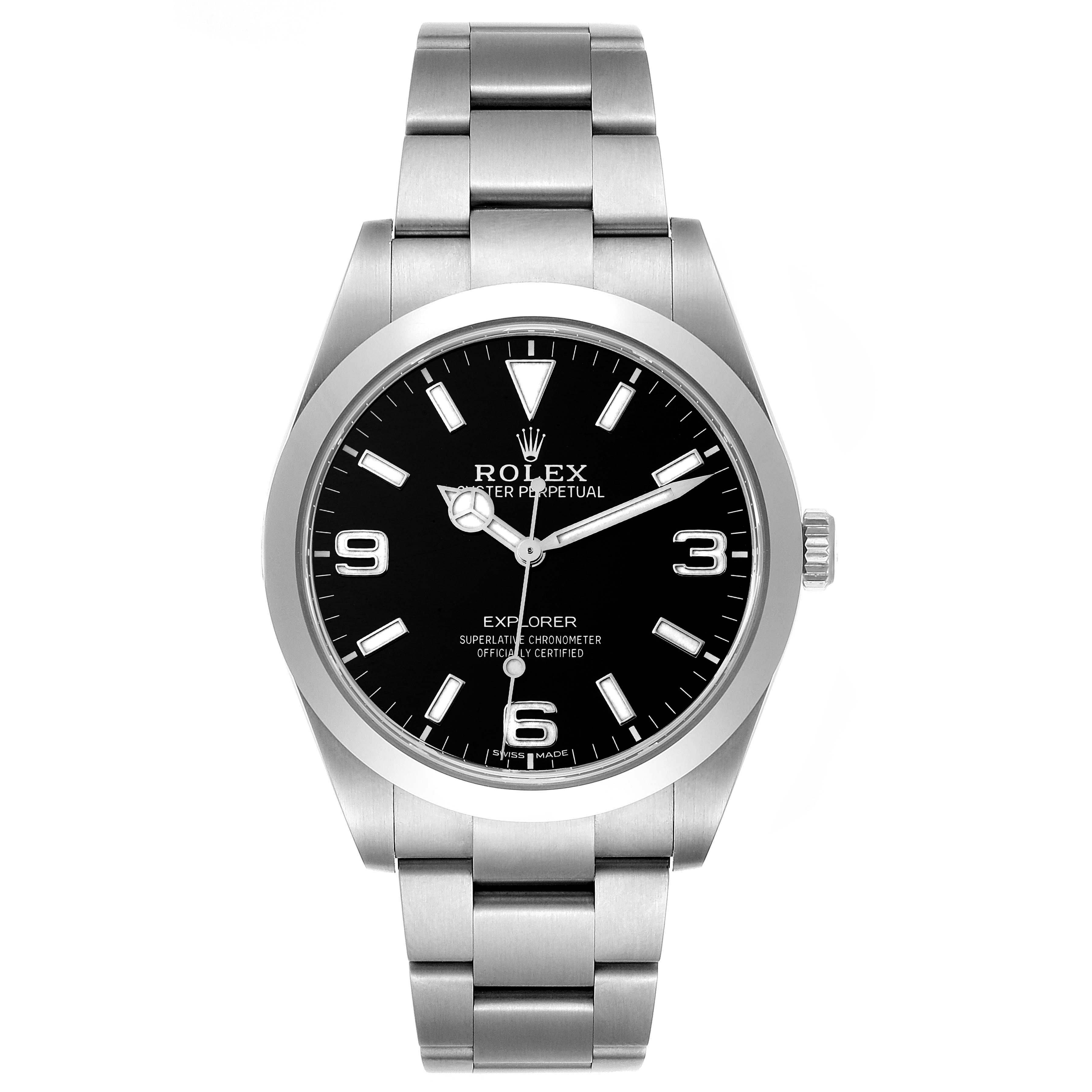 The image shows a front view of the Rolex Explorer 214270 Men
s Stainless Steel Black Dial 214270 Men
s Stainless Steel Black Dial watch, highlighting its black dial, stainless steel case, and bracelet.