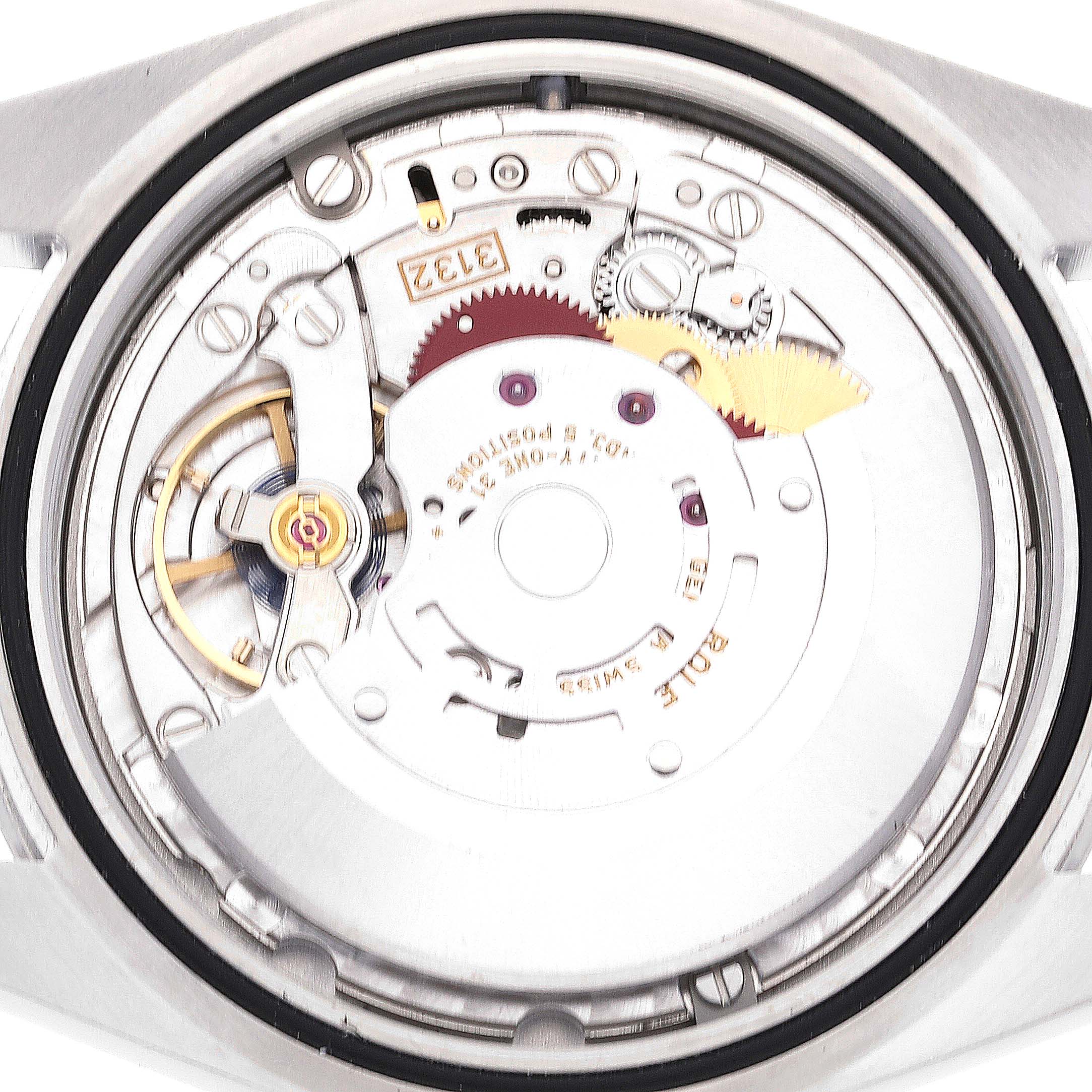 This image shows the movement and internal mechanism of the Rolex Explorer 214270 Men
s Stainless Steel Black Dial 214270 Men
s Stainless Steel Black Dial watch, viewed from the back.