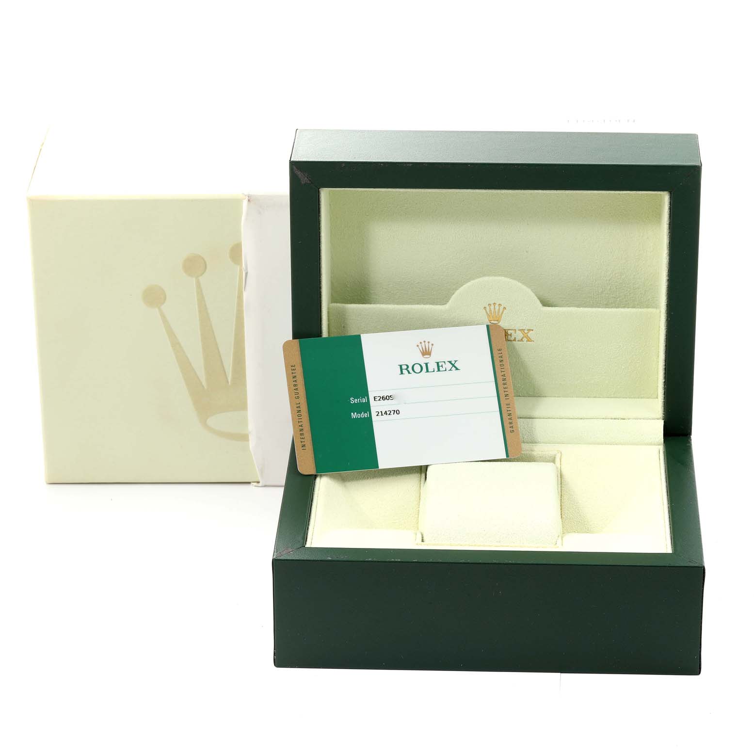 The image shows a Rolex Explorer 214270 Men
s Stainless Steel Black Dial 214270 Men
s Stainless Steel Black Dial watch box and warranty card from a frontal angle.