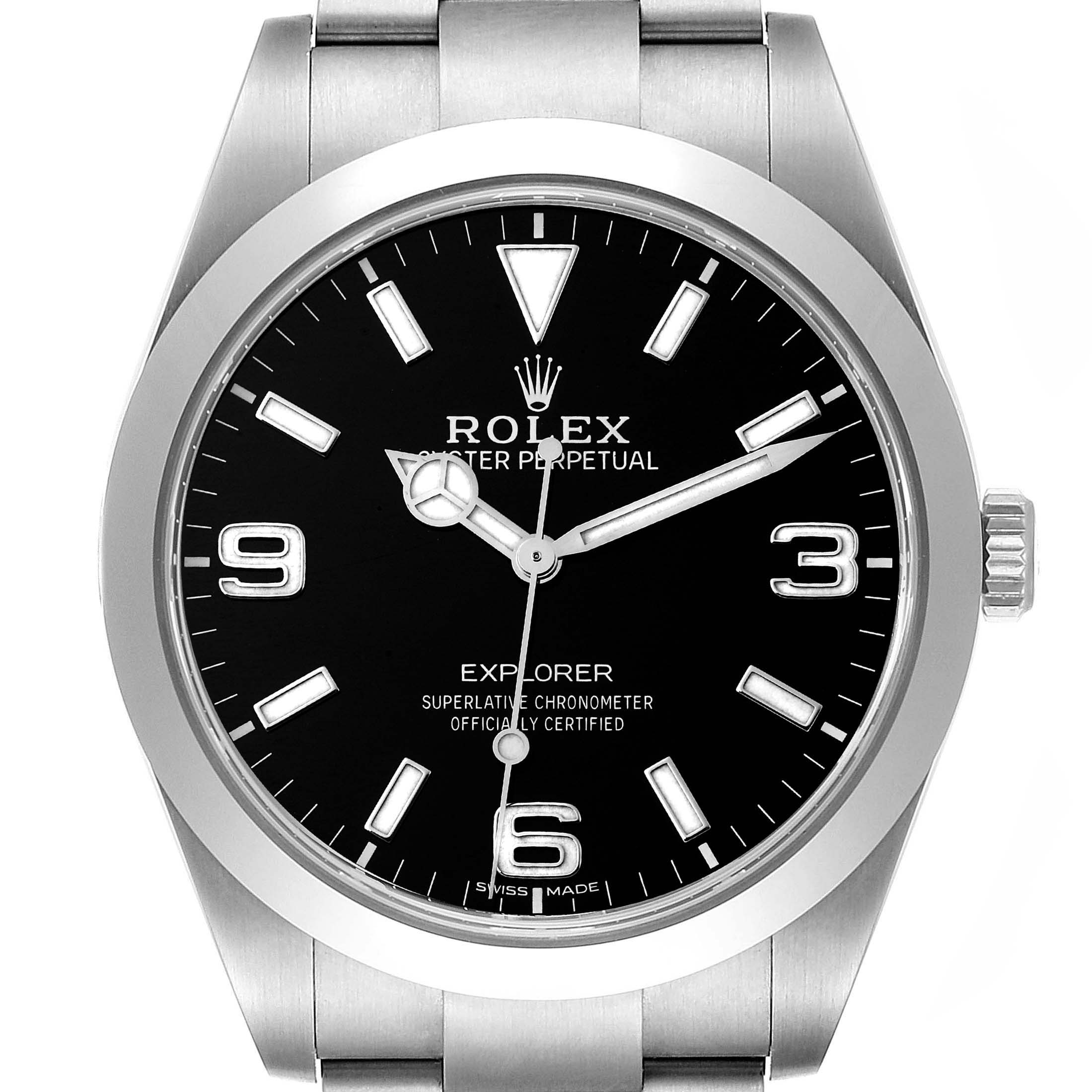 This image shows a front view of a Rolex Explorer 214270 Men
s Stainless Steel Black Dial 214270 Men
s Stainless Steel Black Dial watch, including the dial, hands, bezel, case, and part of the bracelet.