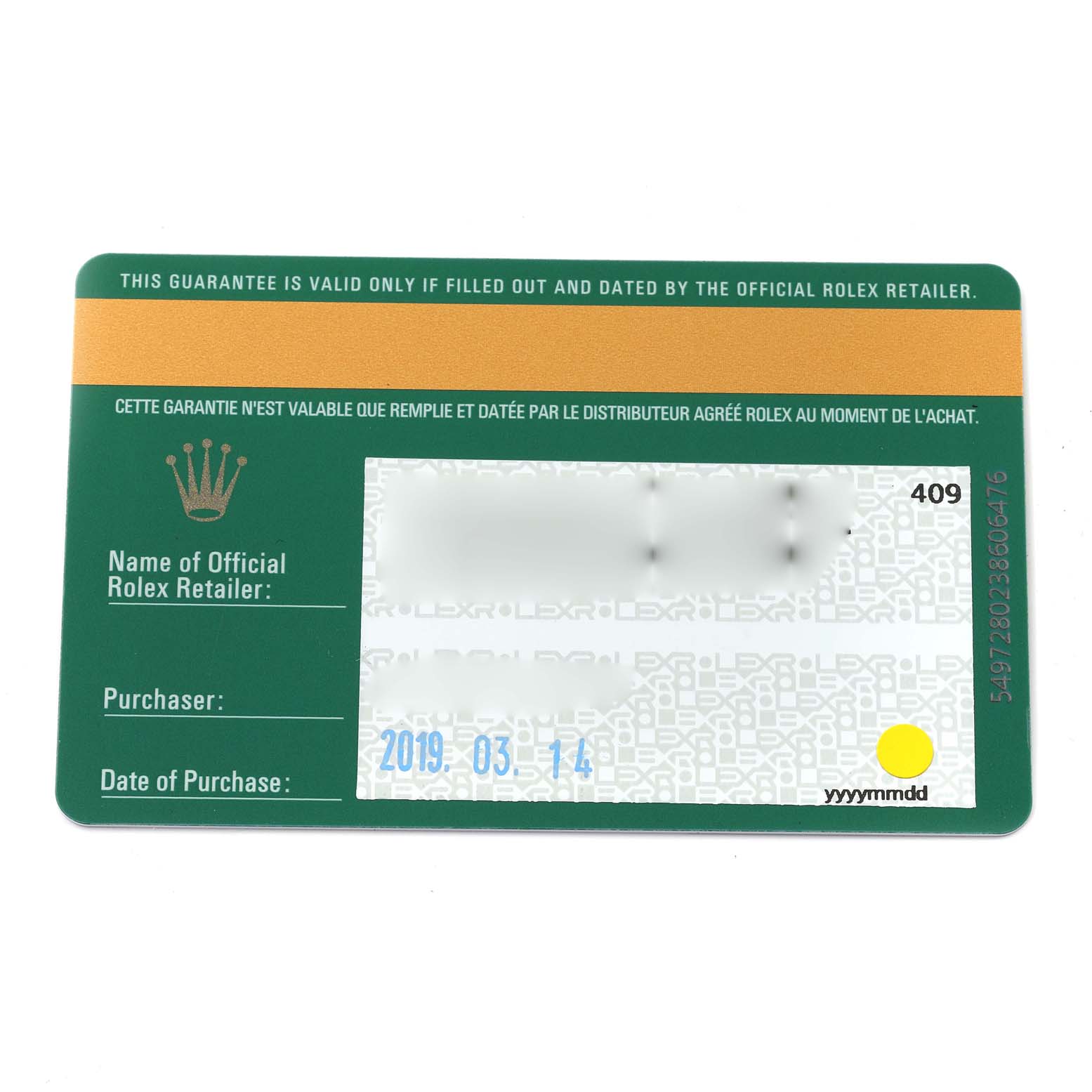 This image shows the warranty card for the Rolex Explorer 214270 Men
s Stainless Steel Black Dial 214270 Men
s Stainless Steel Black Dial model from an overhead angle.