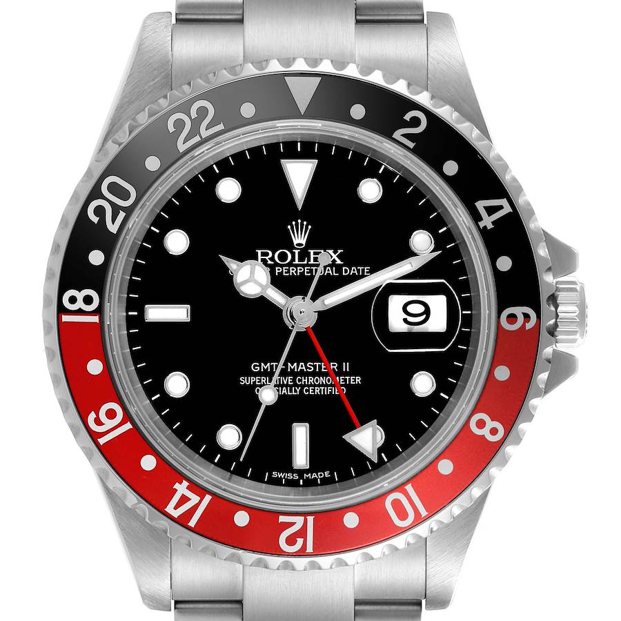 The Rolex GMT-Master watch is shown from a front angle, highlighting the bezel, dial, and crown.