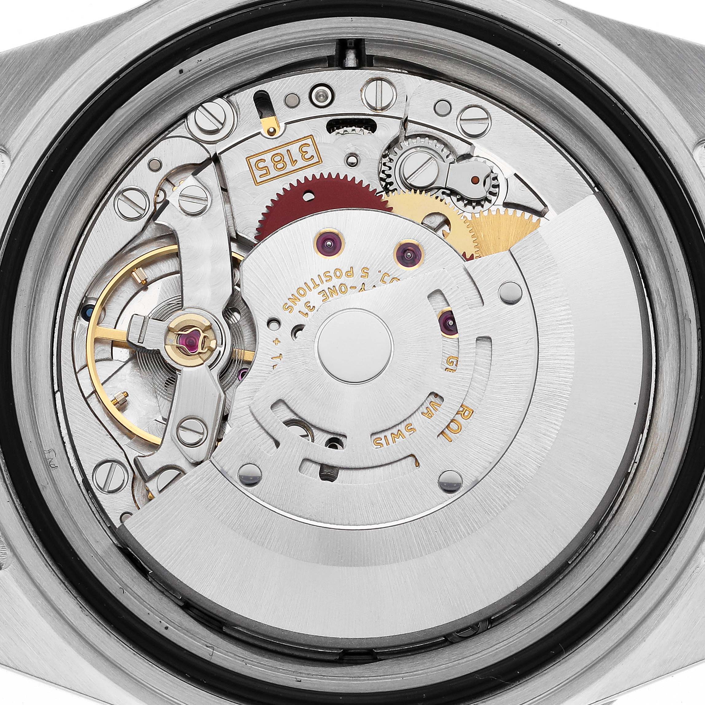 The image shows the movement of a Rolex GMT-Master 16710 Men's Stainless Steel Black Dial 16710 Men's Stainless Steel Black Dial, highlighting gears and mechanical components from a top-down angle.