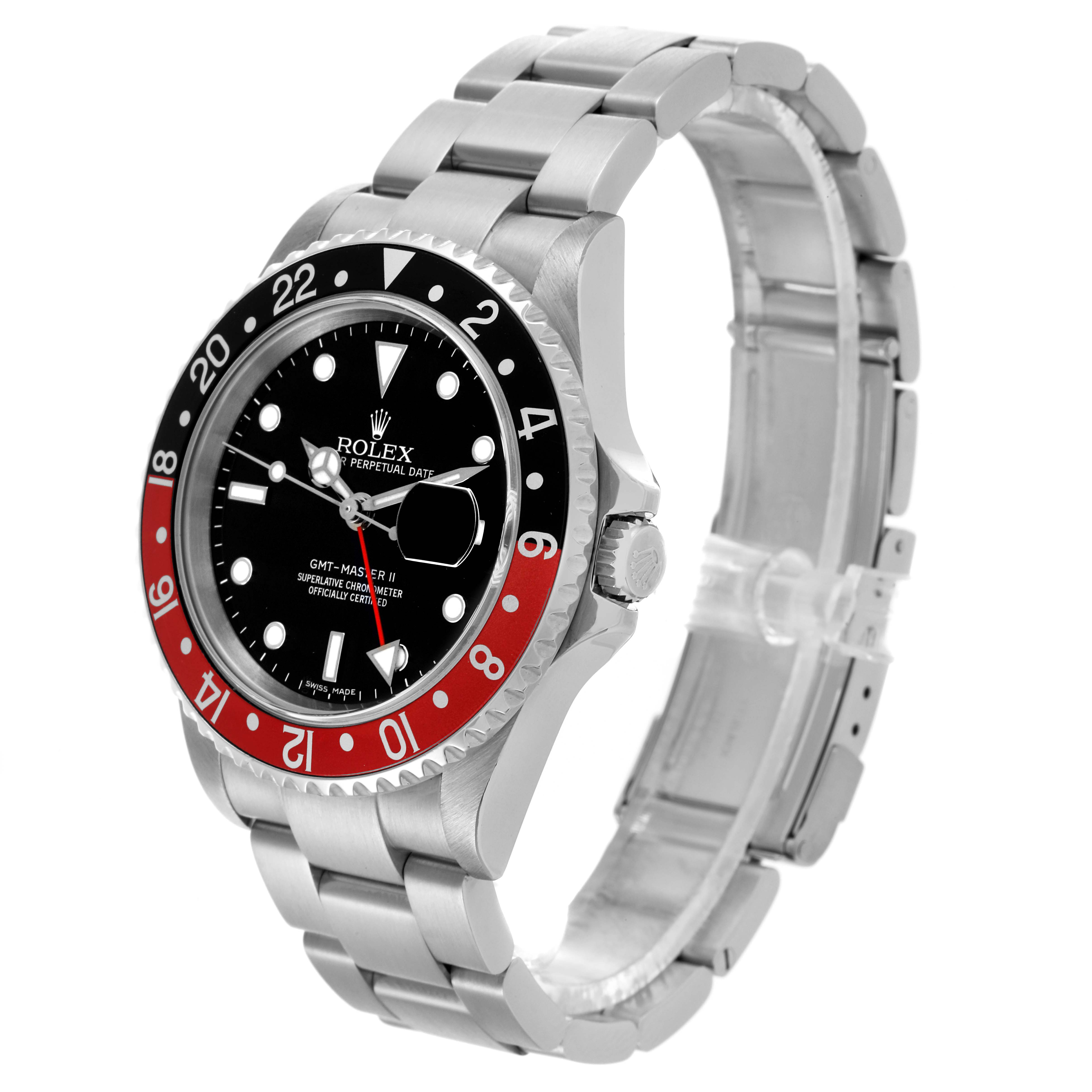 The Rolex GMT-Master 16710 Men's Stainless Steel Black Dial 16710 Men's Stainless Steel Black Dial watch is shown at a slight angle, displaying its bezel, dial, and bracelet.