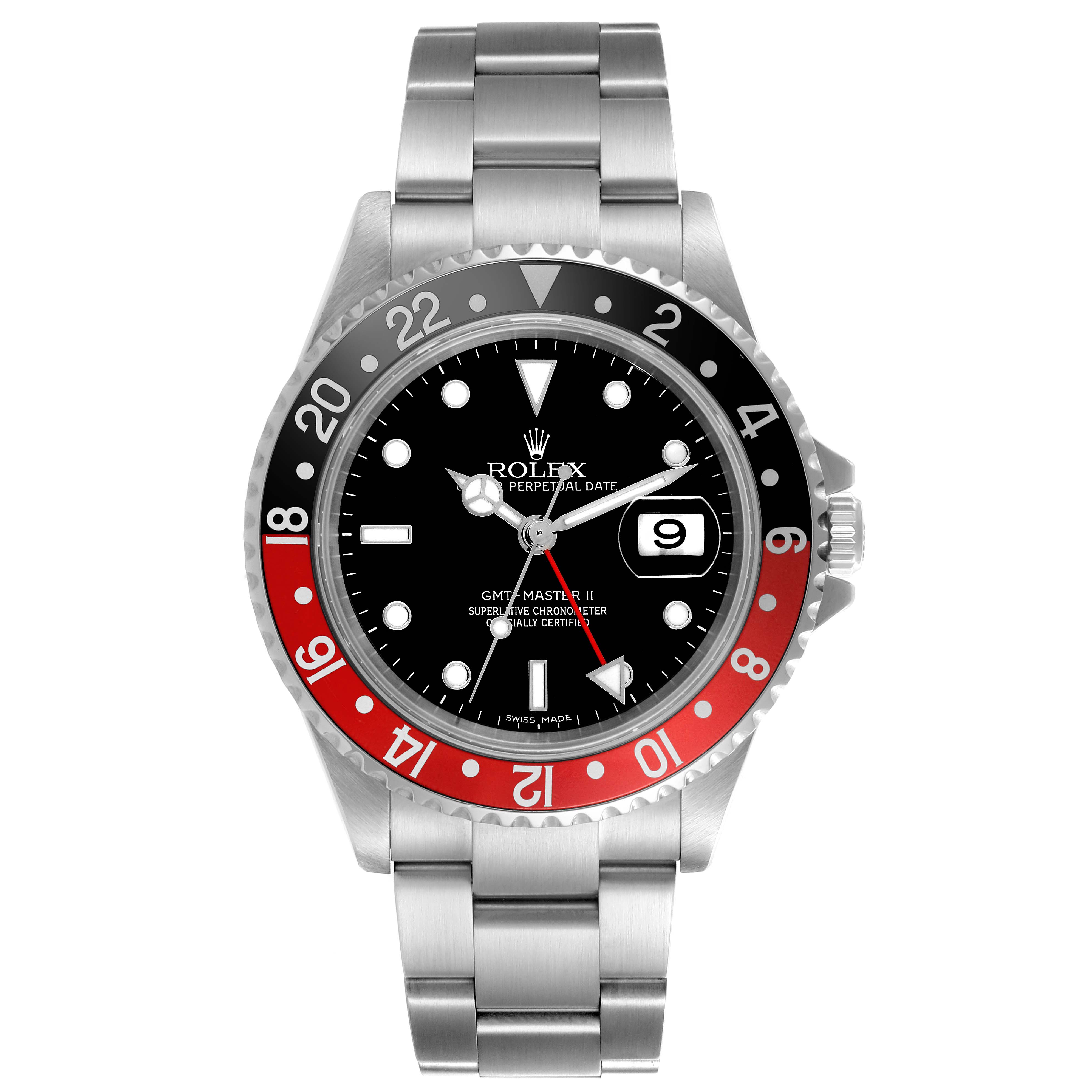 The Rolex GMT-Master 16710 Men's Stainless Steel Black Dial 16710 Men's Stainless Steel Black Dial is shown from a top-down angle, displaying the bezel, dial, and bracelet clearly.