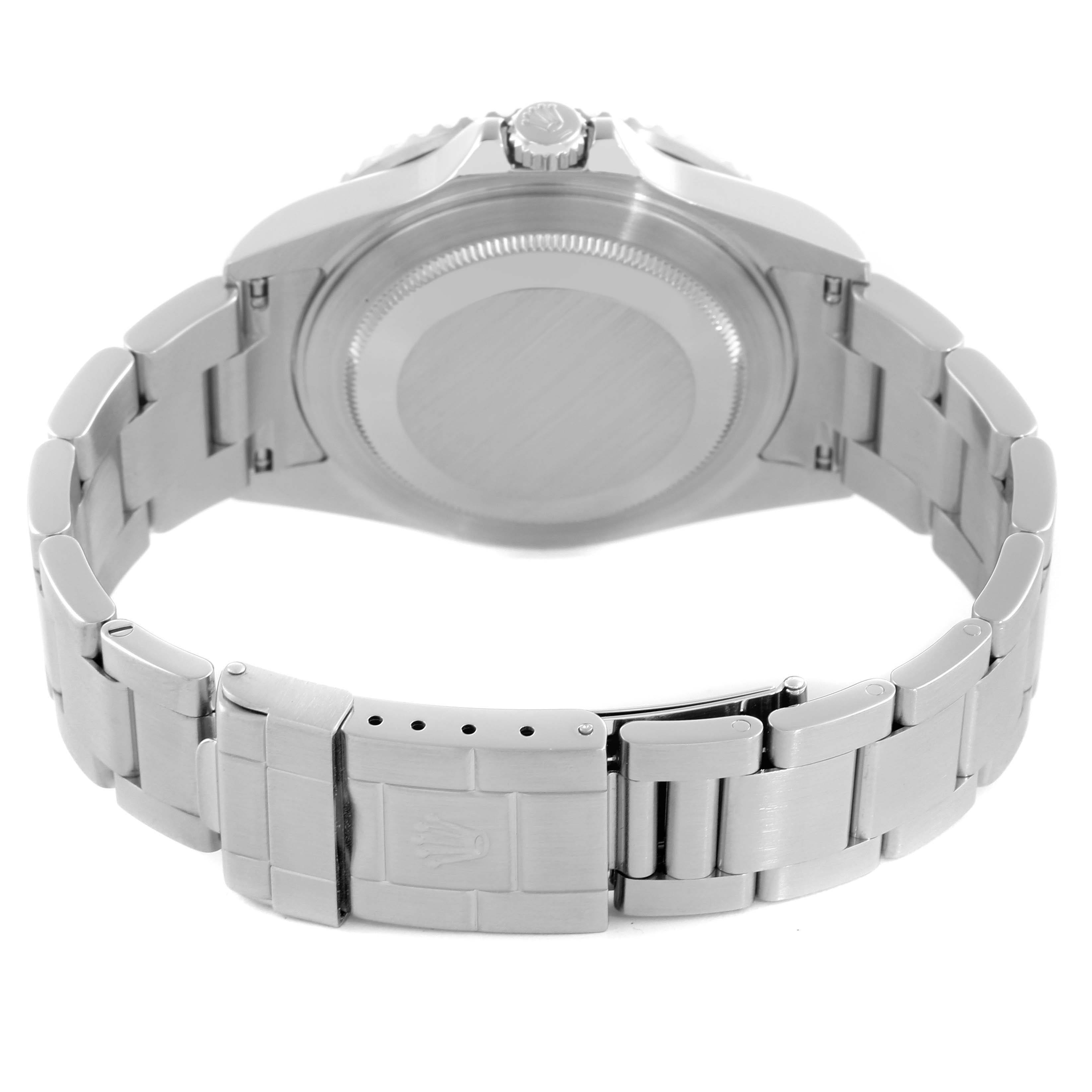 The image shows the back case and bracelet of a Rolex GMT-Master 16710 Men's Stainless Steel Black Dial 16710 Men's Stainless Steel Black Dial watch.