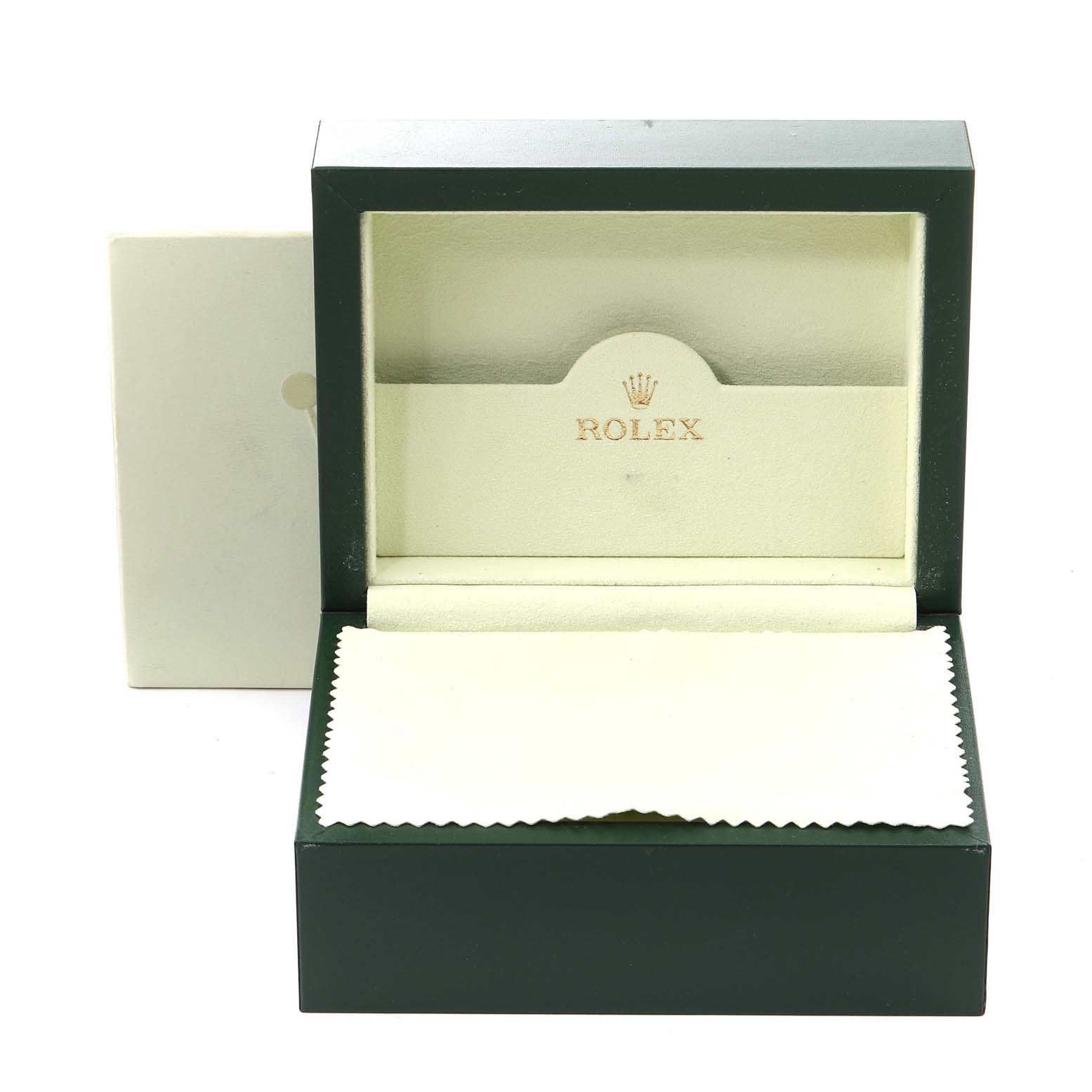 The image shows an empty Rolex GMT-Master 16710 Men's Stainless Steel Black Dial 16710 Men's Stainless Steel Black Dial watch box and a cleaning cloth placed in front of the box.