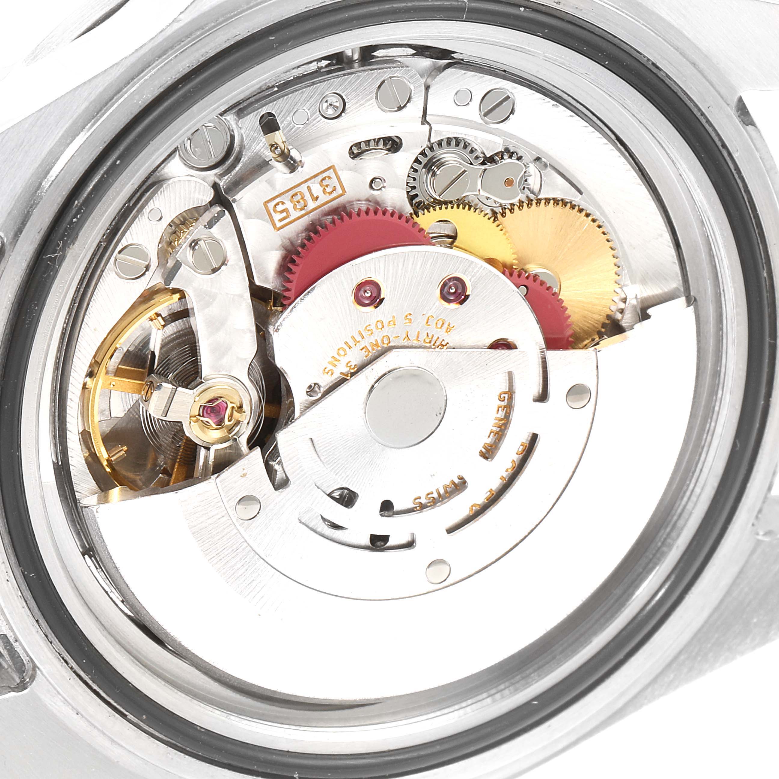 The image shows a close-up view of the movement and inner workings of a Rolex GMT-Master 16710 Men's Stainless Steel Black Dial 16710 Men's Stainless Steel Black Dial watch.