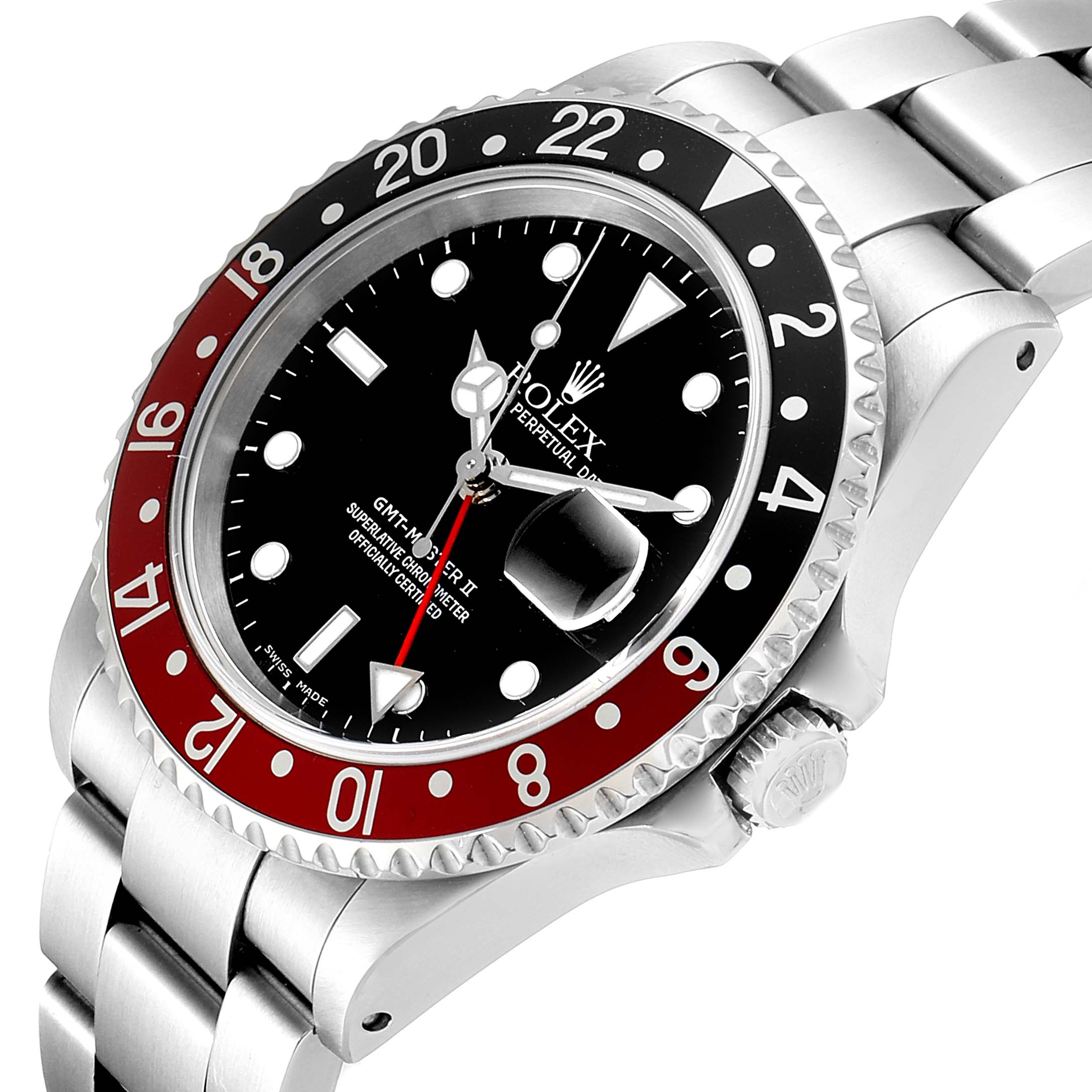 The image shows a Rolex GMT-Master 16710 Men's Stainless Steel Black Dial 16710 Men's Stainless Steel Black Dial watch at an angled view, highlighting the face, bezel, crown, and part of the bracelet.