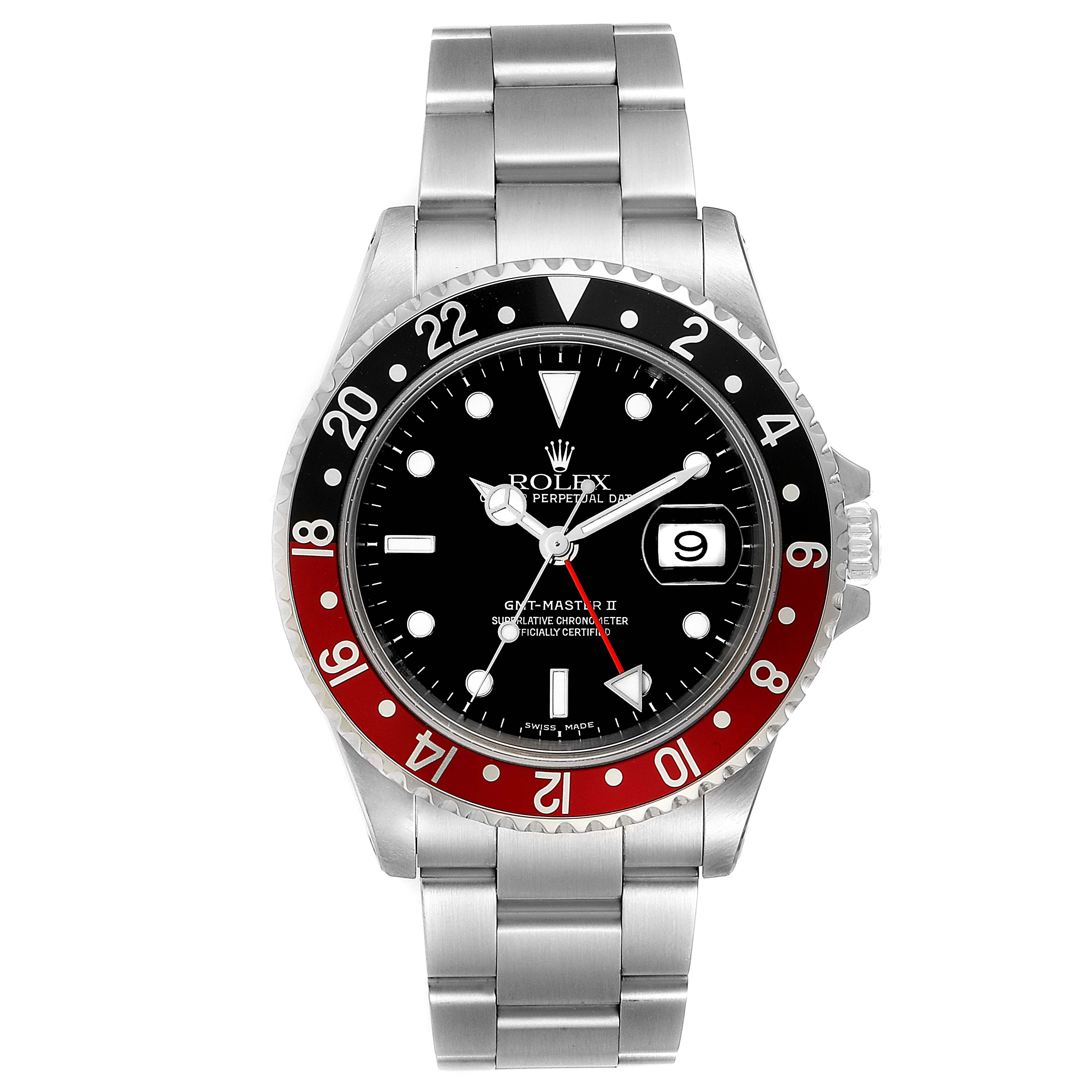 The image shows a front view of the Rolex GMT-Master 16710 Men's Stainless Steel Black Dial 16710 Men's Stainless Steel Black Dial II watch, highlighting its dial, bezel, and bracelet.