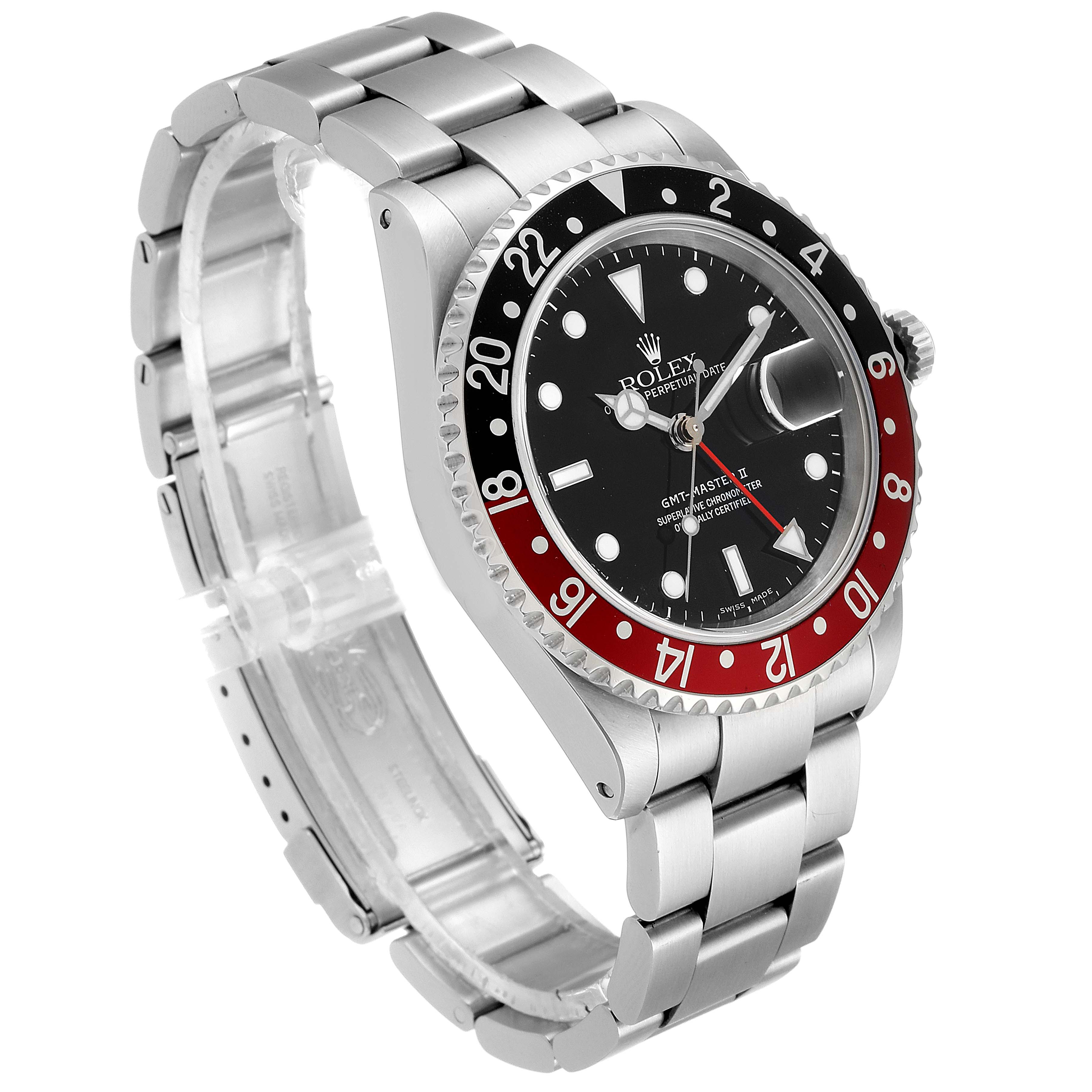 The image shows a Rolex GMT-Master 16710 Men's Stainless Steel Black Dial 16710 Men's Stainless Steel Black Dial watch at an angle highlighting the face, bezel, bracelet, and clasp.