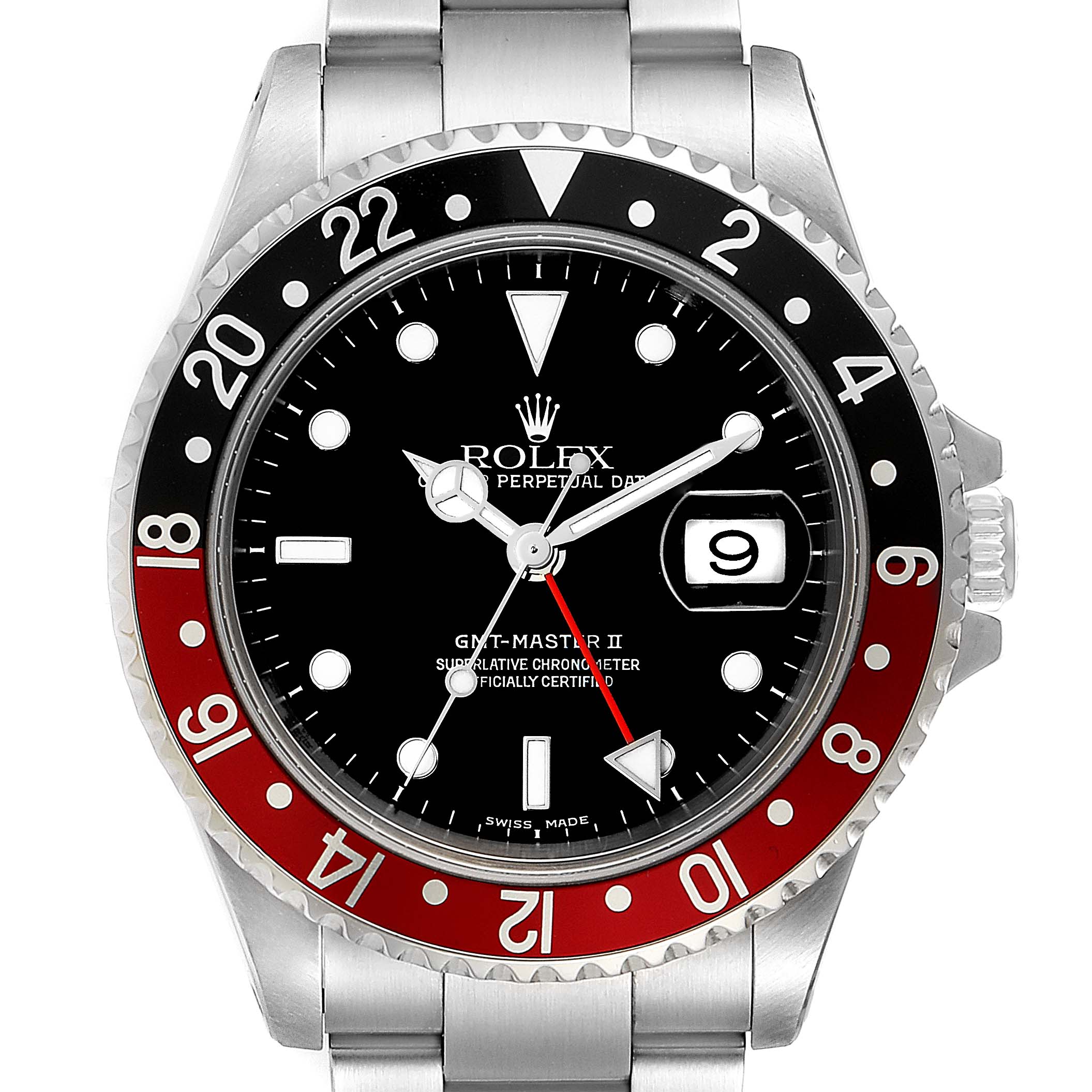 This image shows a frontal view of a Rolex GMT-Master 16710 Men's Stainless Steel Black Dial 16710 Men's Stainless Steel Black Dial II watch, displaying the dial, hands, bezel, and a portion of the bracelet.