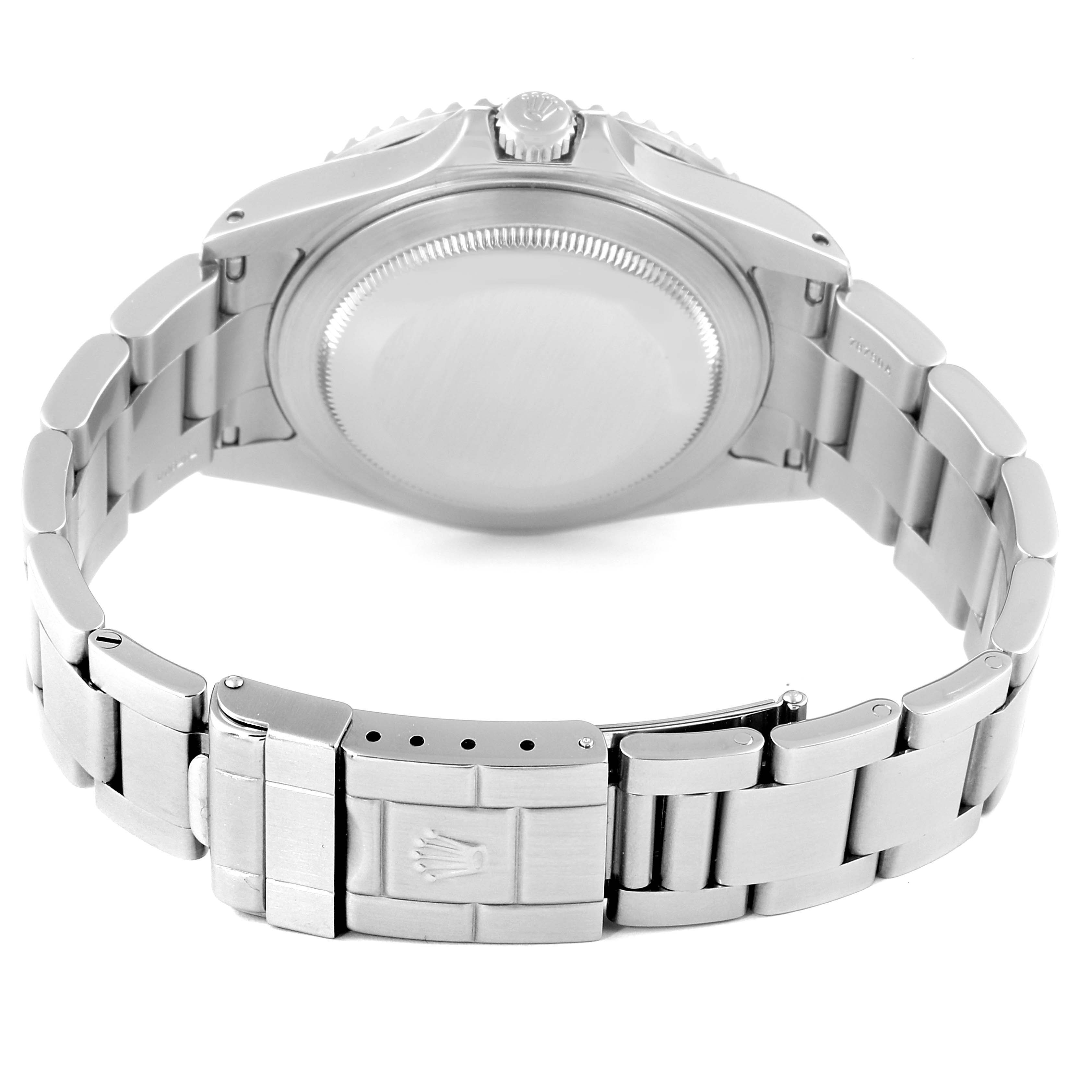 The image shows the back case and clasp of a Rolex GMT-Master 16710 Men's Stainless Steel Black Dial 16710 Men's Stainless Steel Black Dial watch from a rear angle.