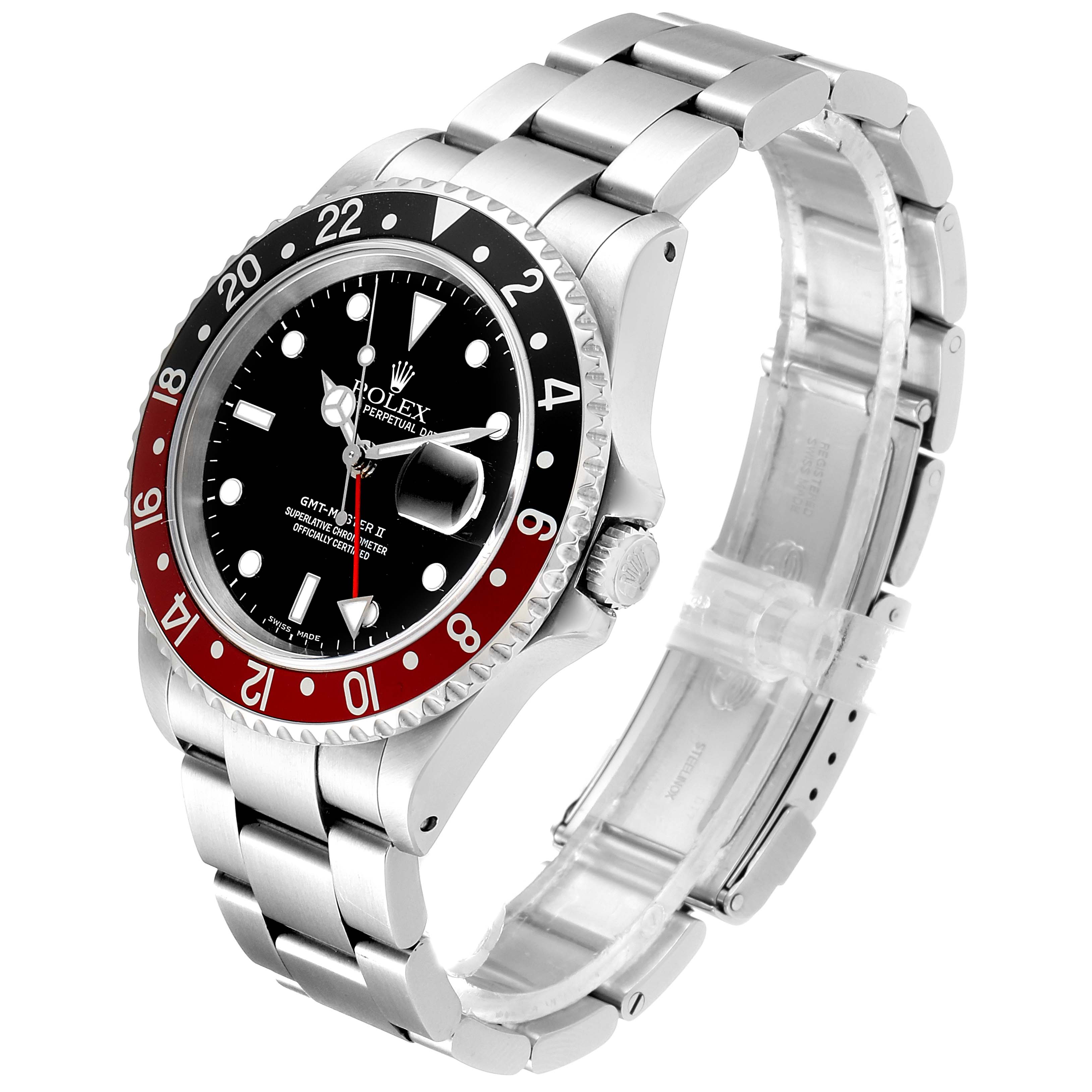This image shows a Rolex GMT-Master 16710 Men's Stainless Steel Black Dial 16710 Men's Stainless Steel Black Dial watch at an angled side view, featuring its bezel, dial, crown, and bracelet.