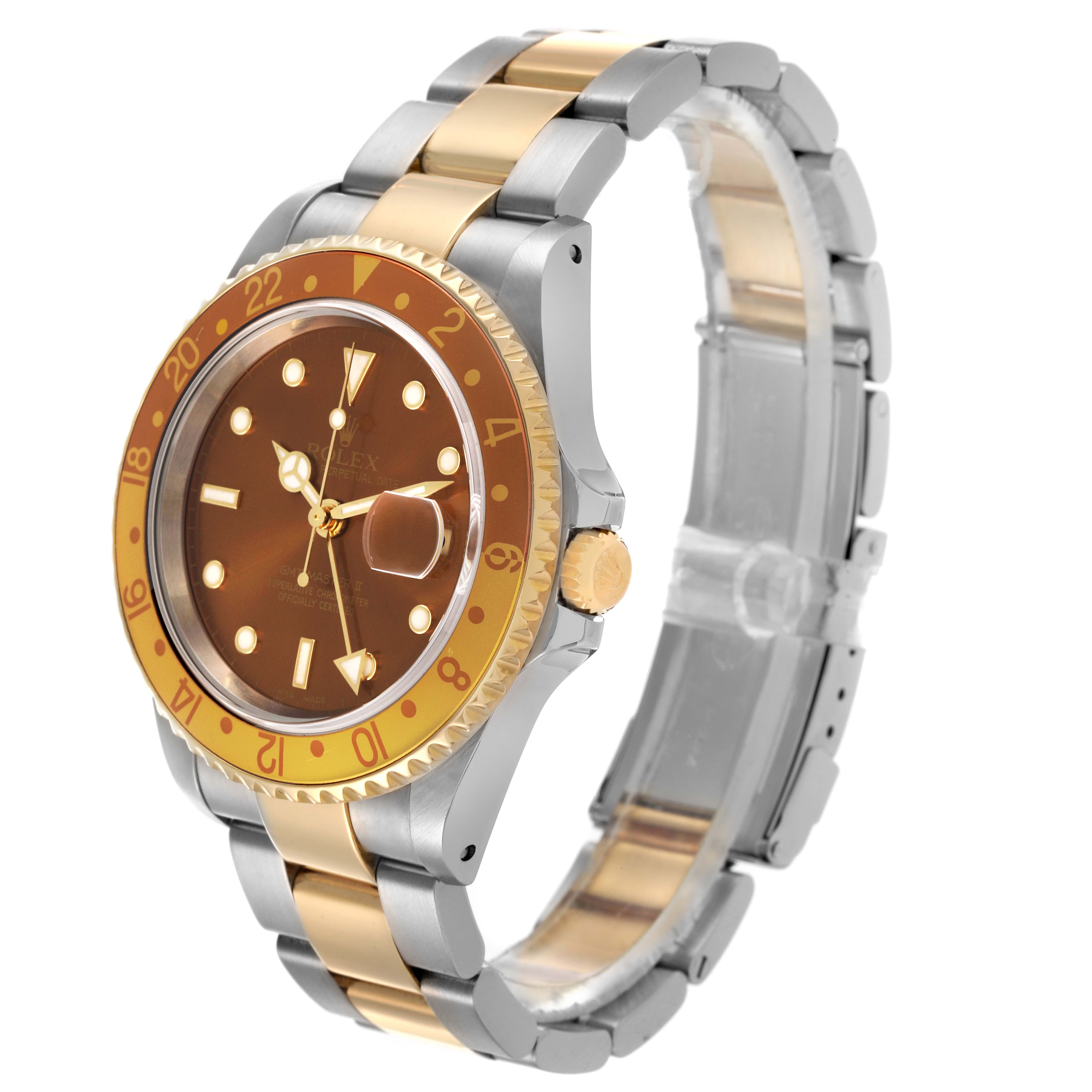The Rolex GMT-Master 16713 Men's Steel and Gold (two tone) Brown Dial 16713 Men's Steel and Gold (two tone) Brown Dial watch is shown from a three-quarter angle, highlighting the bezel, dial, and two-tone bracelet.