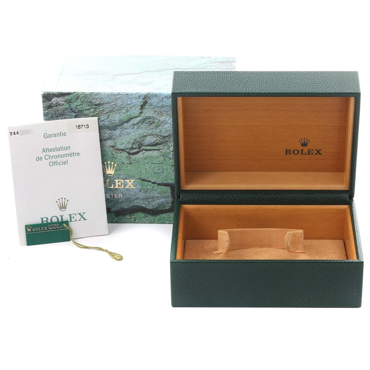 The image shows a Rolex GMT-Master 16713 Men's Steel and Gold (two tone) Brown Dial 16713 Men's Steel and Gold (two tone) Brown Dial box, certificate, outer box, and warranty card from the front.