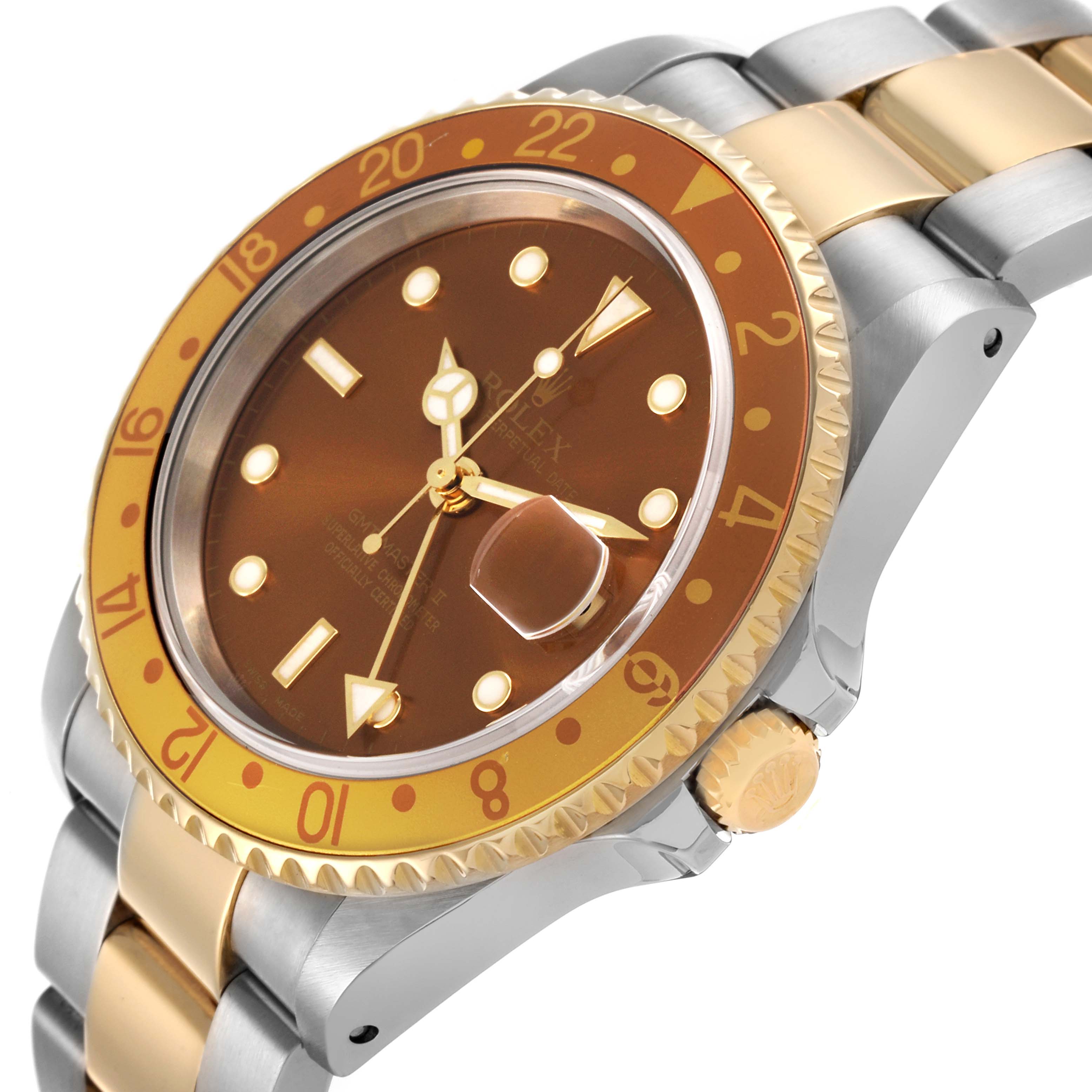The Rolex GMT-Master 16713 Men's Steel and Gold (two tone) Brown Dial 16713 Men's Steel and Gold (two tone) Brown Dial is shown at an angled view, highlighting the brown and gold bezel, dial, case, and part of the bracelet.