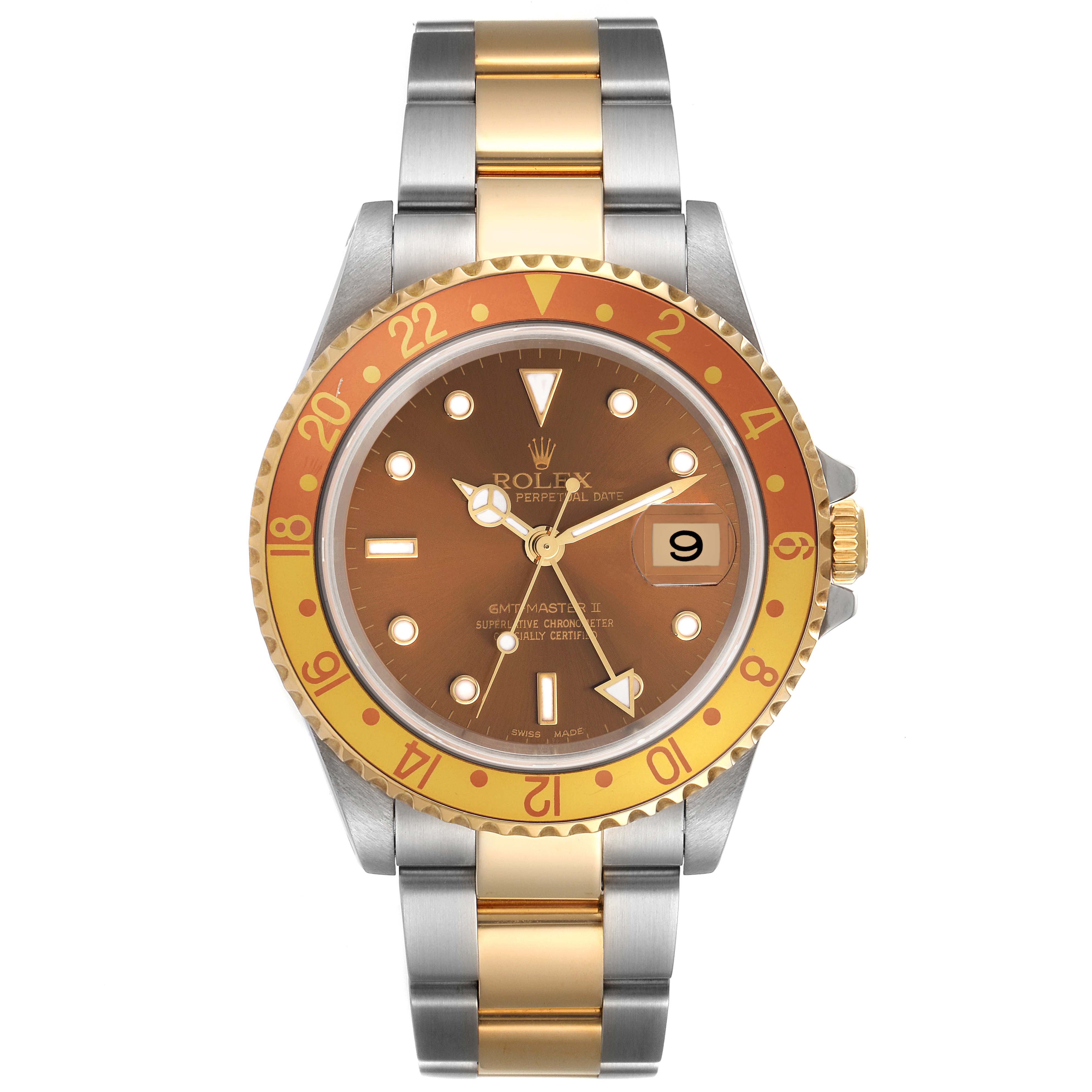 The Rolex GMT-Master 16713 Men's Steel and Gold (two tone) Brown Dial 16713 Men's Steel and Gold (two tone) Brown Dial watch is shown from a front angle, displaying the dial, bezel, and part of the bracelet.