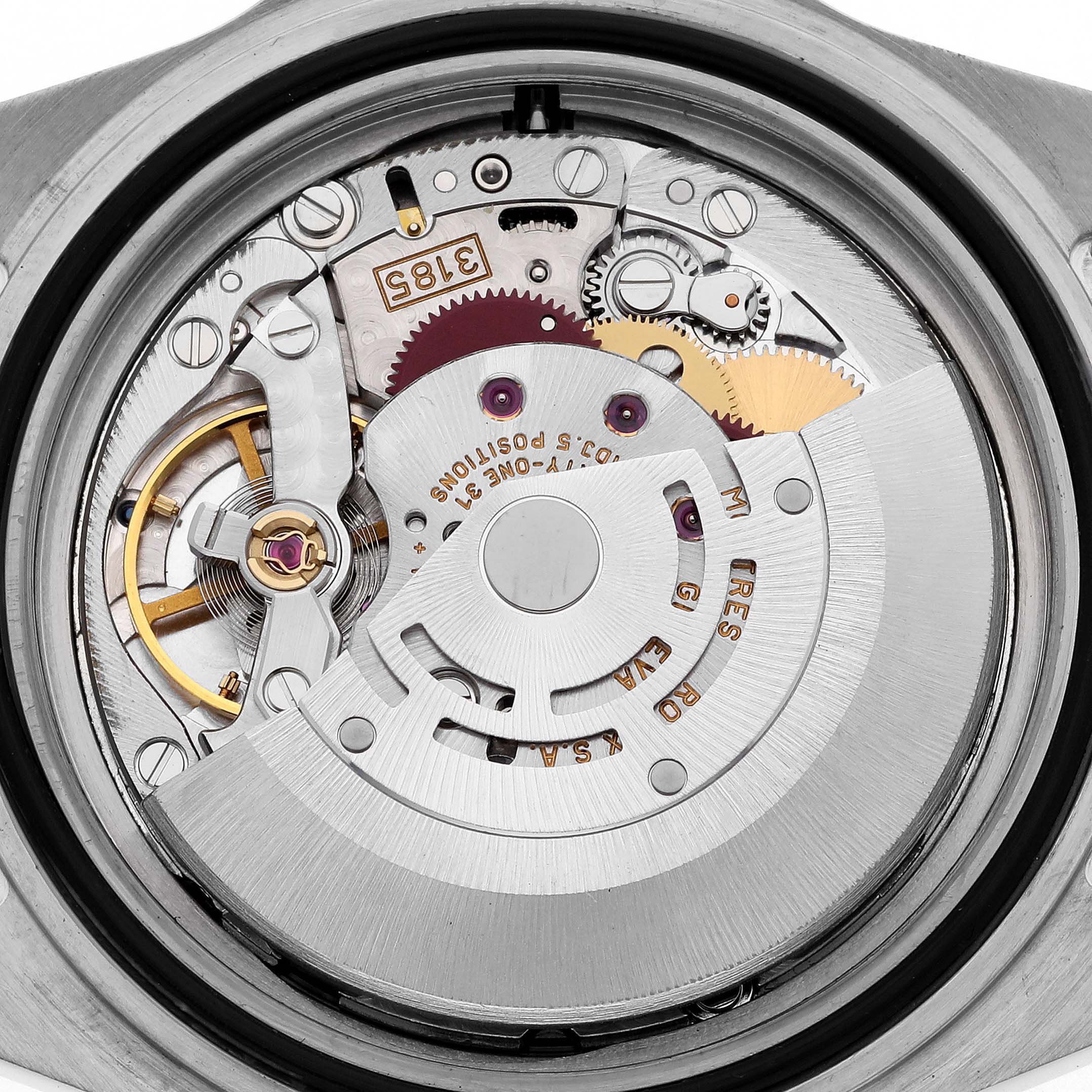 The image shows the Rolex GMT-Master 16713 Men's Steel and Gold (two tone) Brown Dial 16713 Men's Steel and Gold (two tone) Brown Dial's movement mechanism from the back, highlighting gears and the rotor.