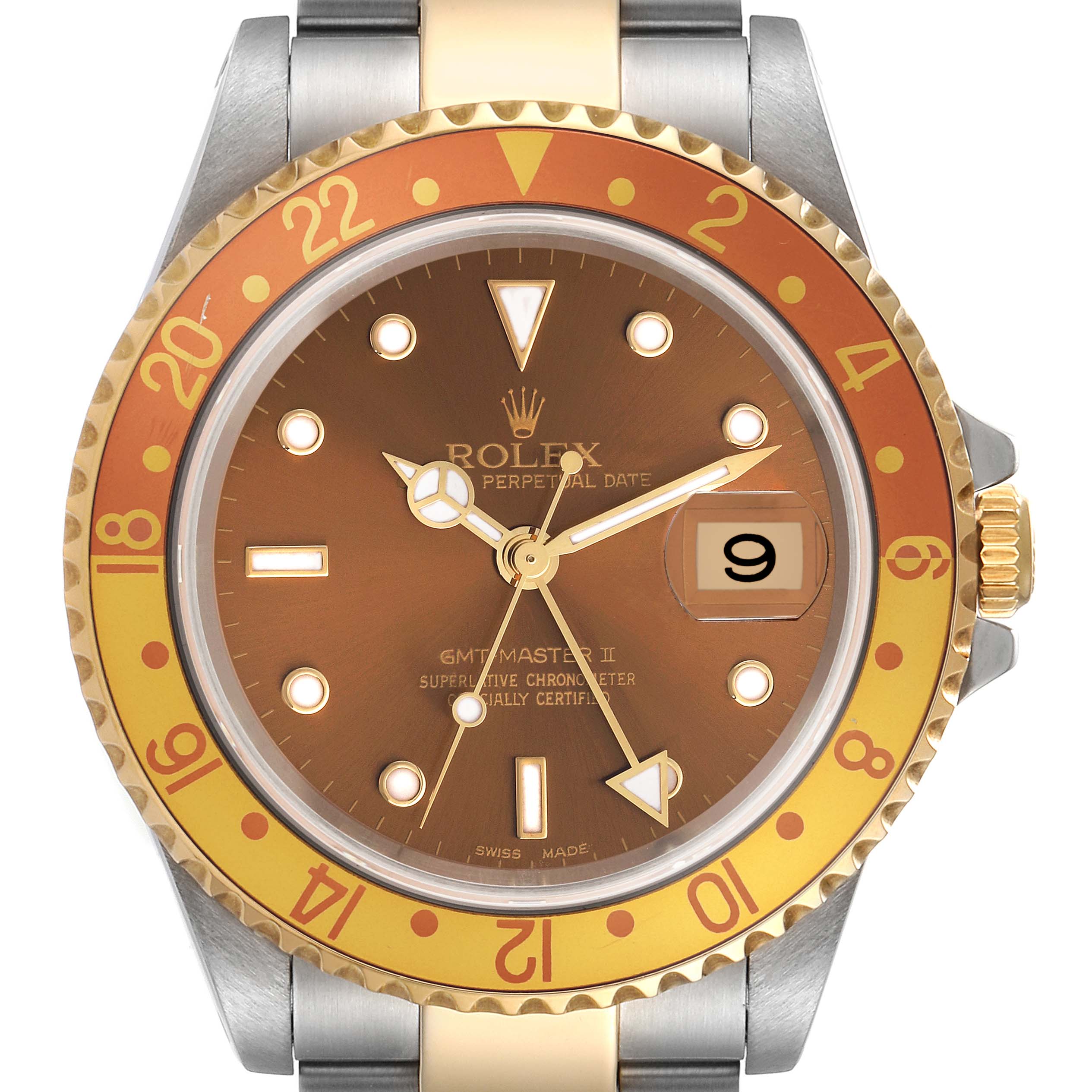The Rolex GMT-Master 16713 Men's Steel and Gold (two tone) Brown Dial 16713 Men's Steel and Gold (two tone) Brown Dial watch is shown from the front, highlighting the face, bezel, and part of the bracelet.