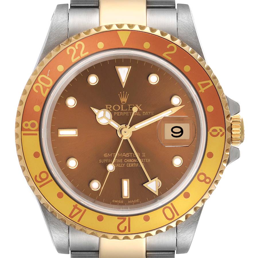 The Rolex GMT-Master watch is shown from the front, highlighting the face, bezel, and part of the bracelet.