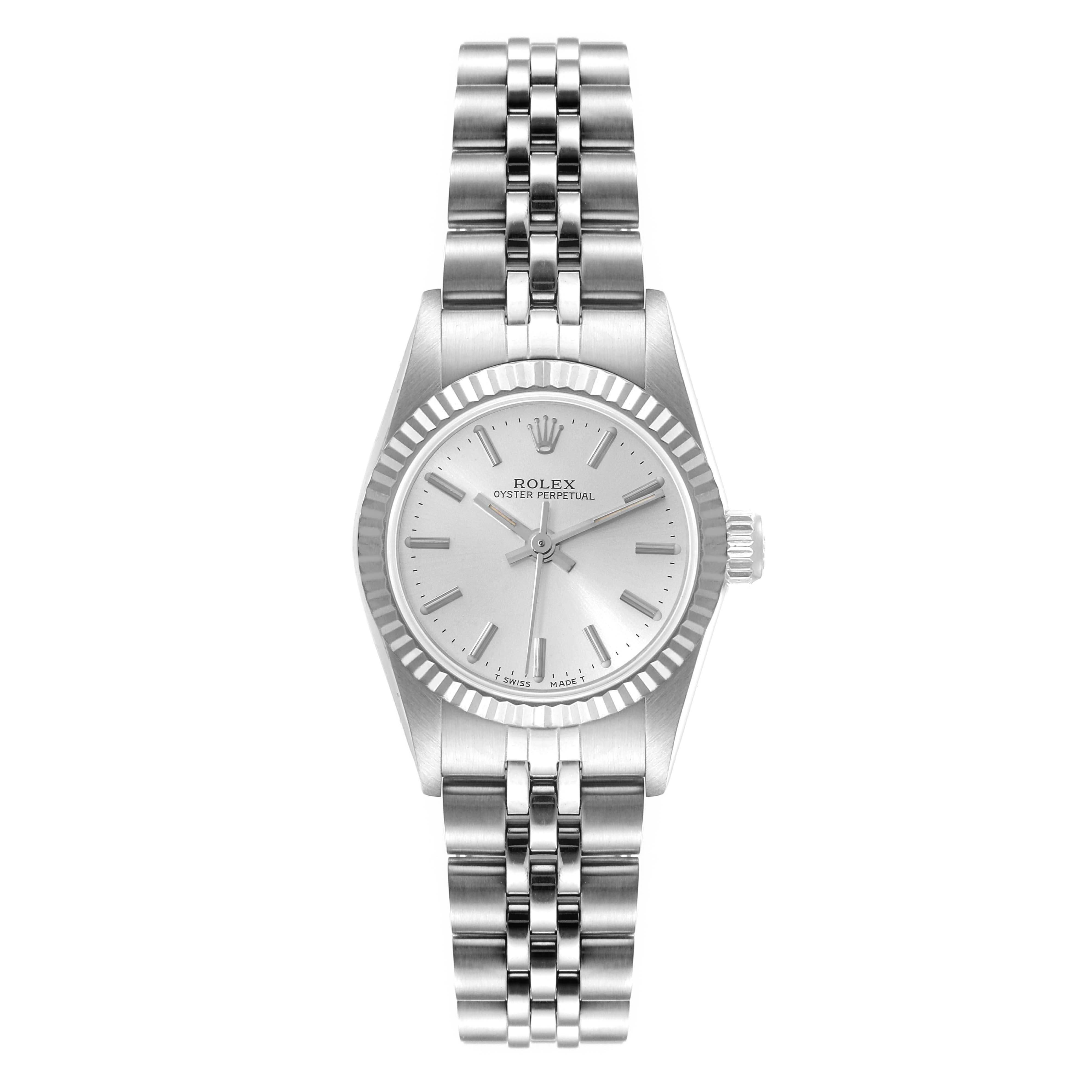 The Rolex Oyster Perpetual 67194 Women
s Stainless Steel Silver Dial 67194 Women
s Stainless Steel Silver Dial watch is shown from a top-down angle, displaying the face, bezel, and stainless steel bracelet.