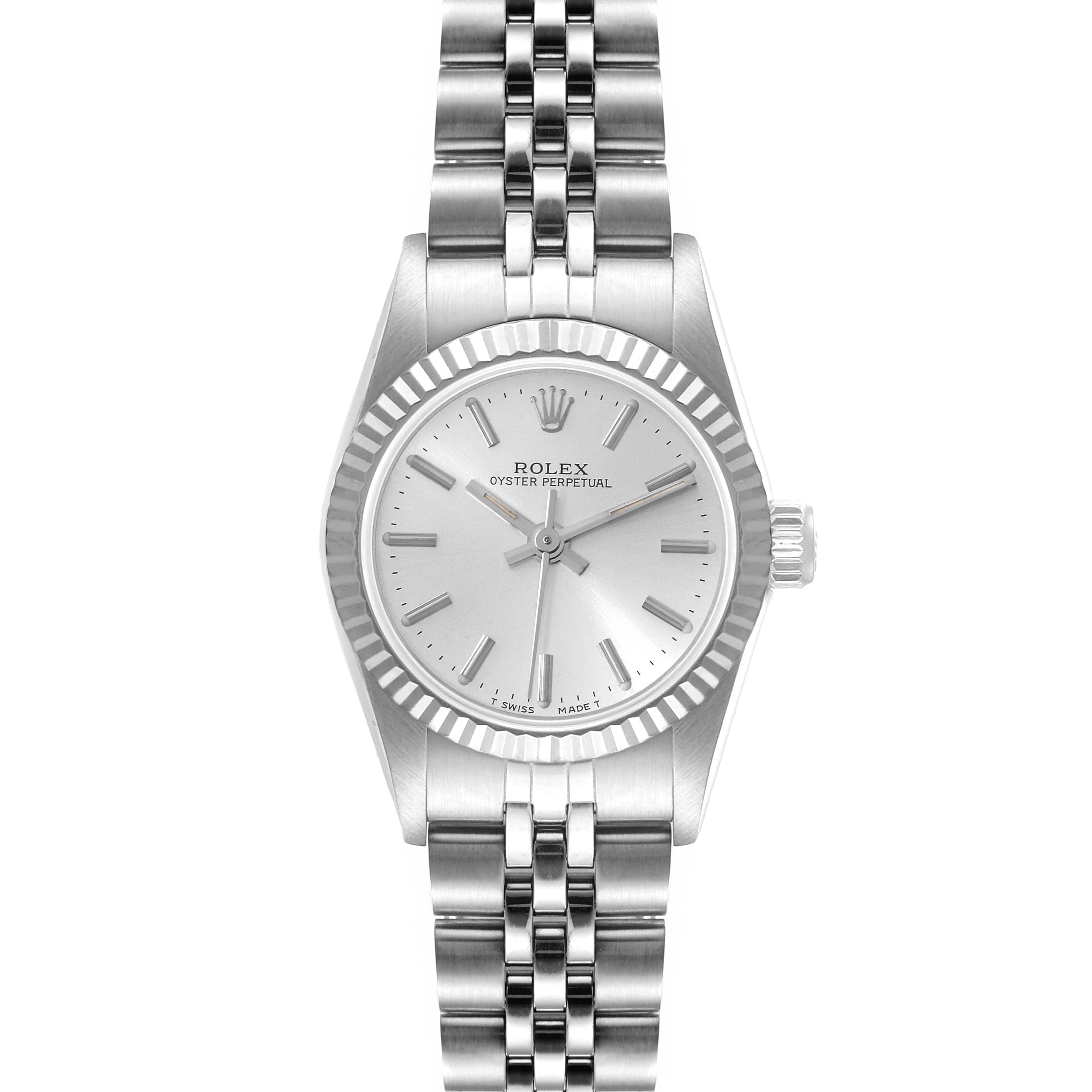 The image shows a front view of a Rolex Oyster Perpetual 67194 Women
s Stainless Steel Silver Dial 67194 Women
s Stainless Steel Silver Dial watch, highlighting its silver dial, bezel, and metal bracelet.