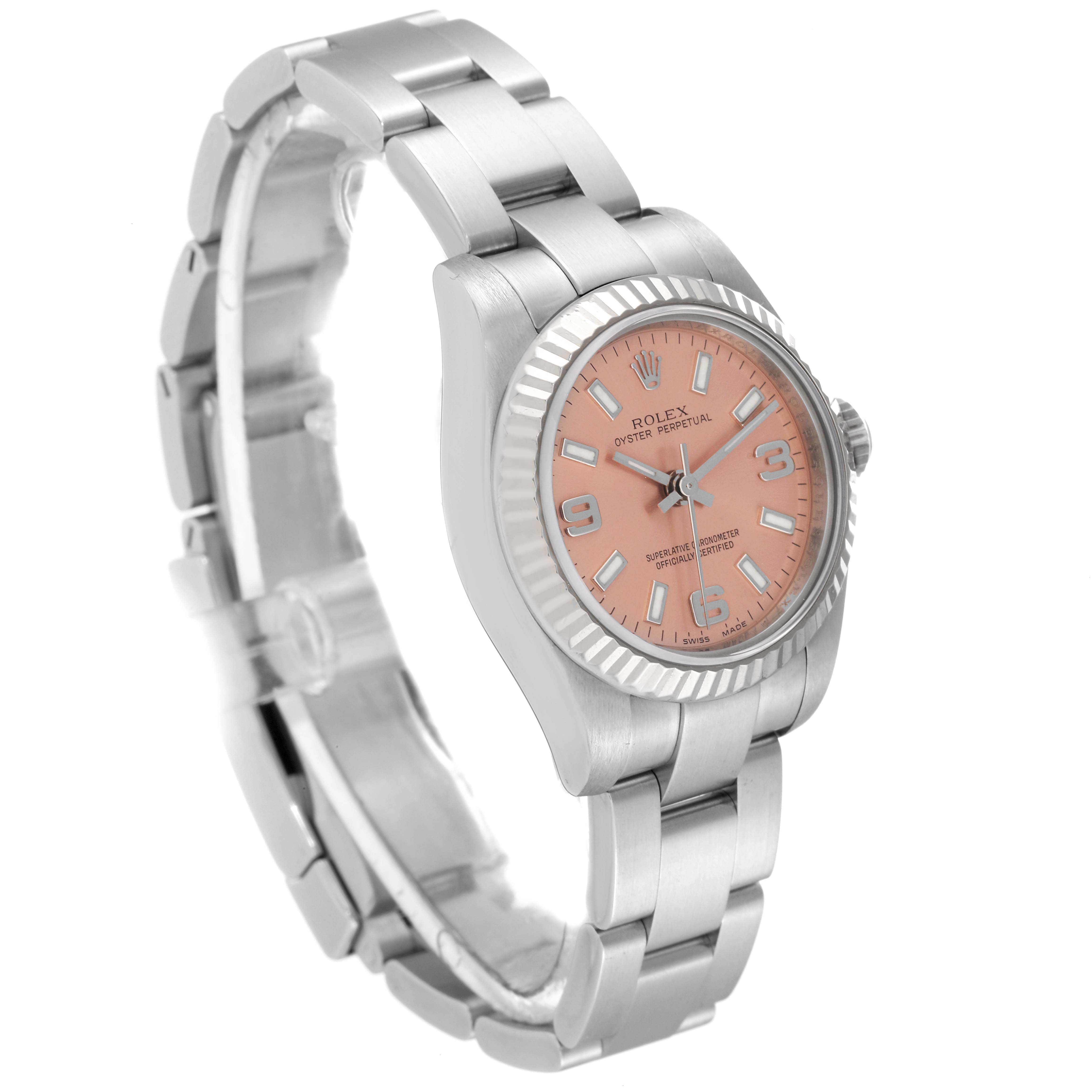 The image displays a Rolex Oyster Perpetual 176234 Women
s Stainless Steel Pink Dial 176234 Women
s Stainless Steel Pink Dial watch at a slight angle, showing the face, bracelet, and clasp.
