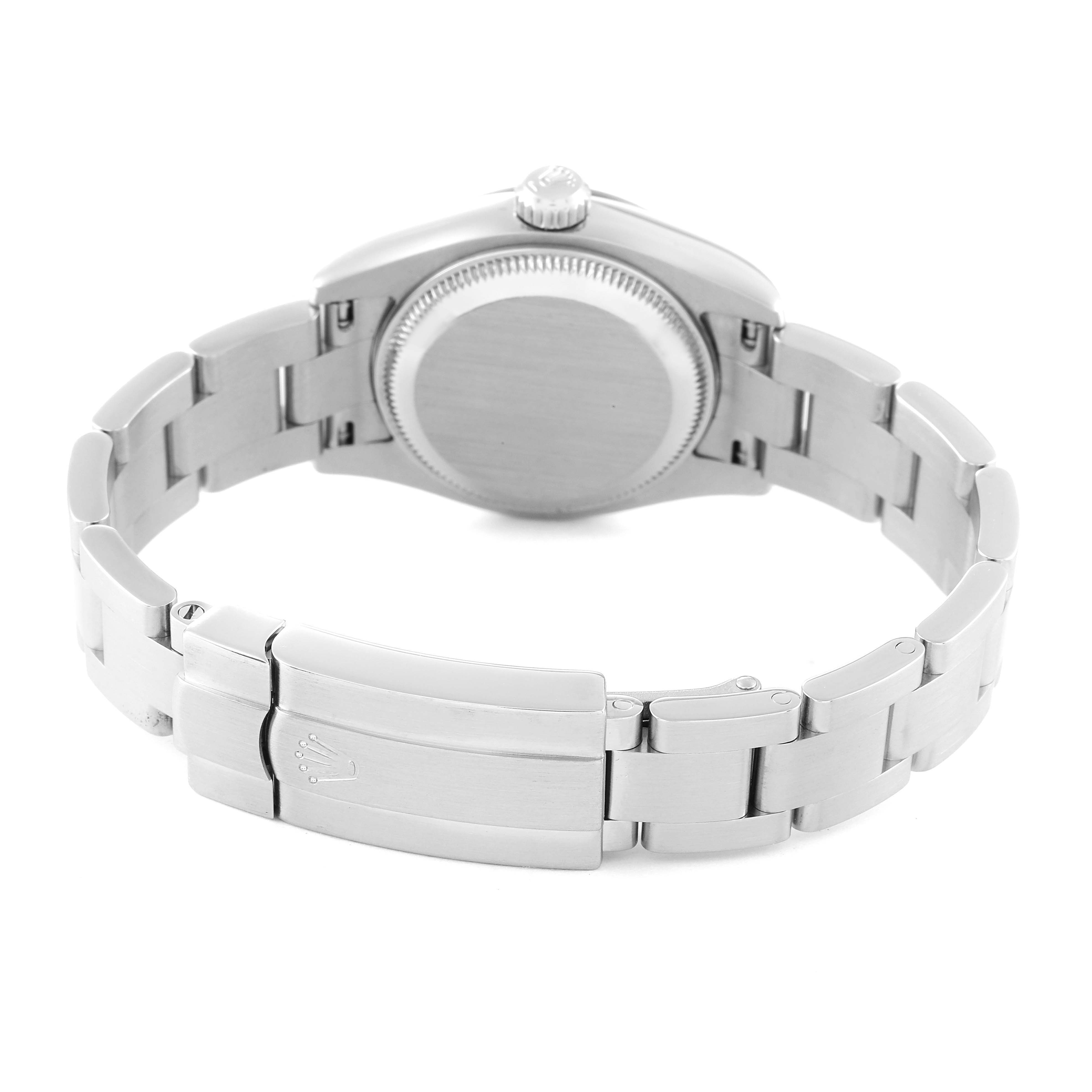 The image shows the back view of a Rolex Oyster Perpetual 176234 Women
s Stainless Steel Pink Dial 176234 Women
s Stainless Steel Pink Dial watch, highlighting the case back, crown, and bracelet with clasp.