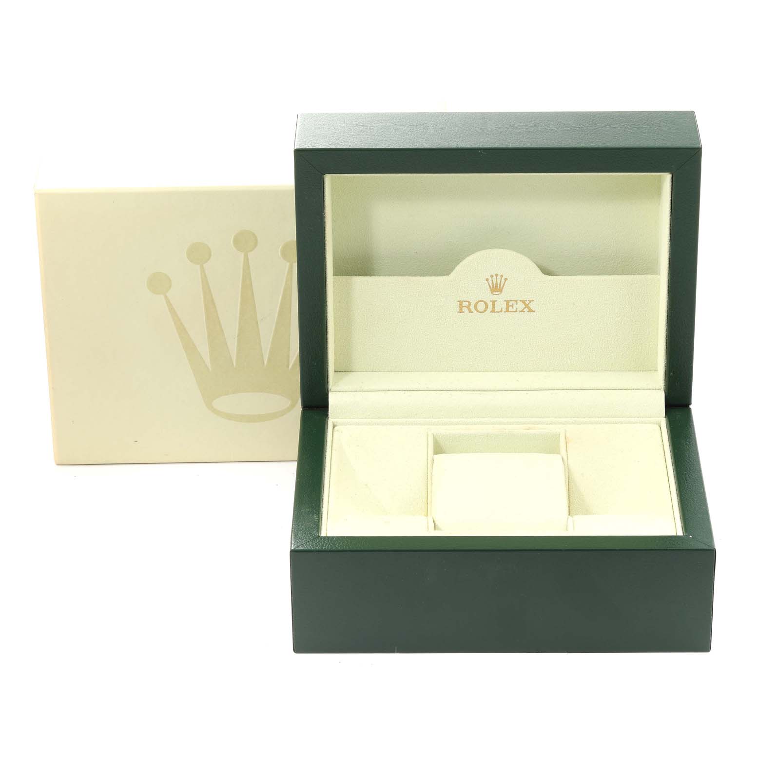 This image shows an open green and beige Rolex watch box for an Oyster Perpetual model.