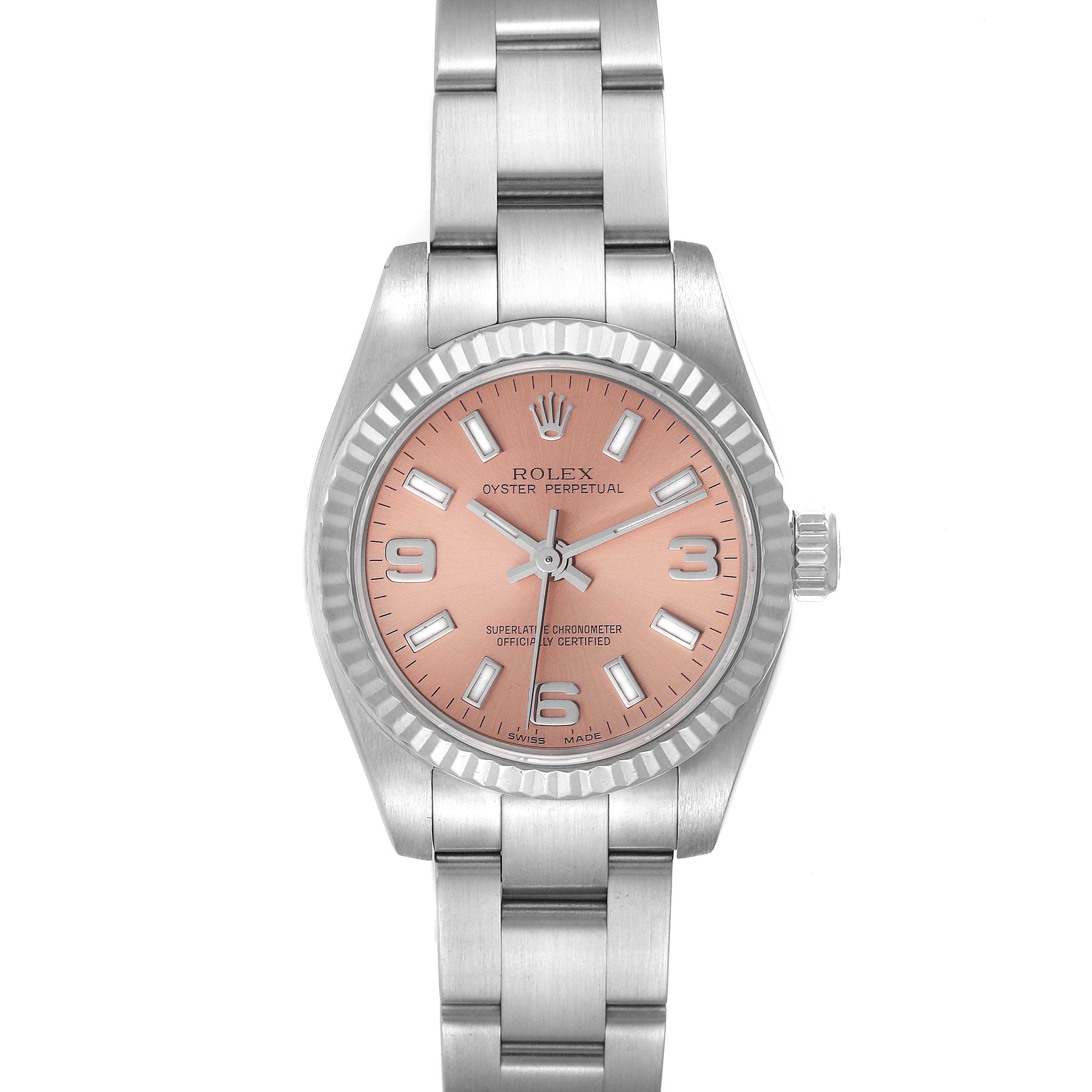 This image shows a frontal view of the Rolex Oyster Perpetual 176234 Women
s Stainless Steel Pink Dial 176234 Women
s Stainless Steel Pink Dial watch, displaying its face, bezel, and bracelet.