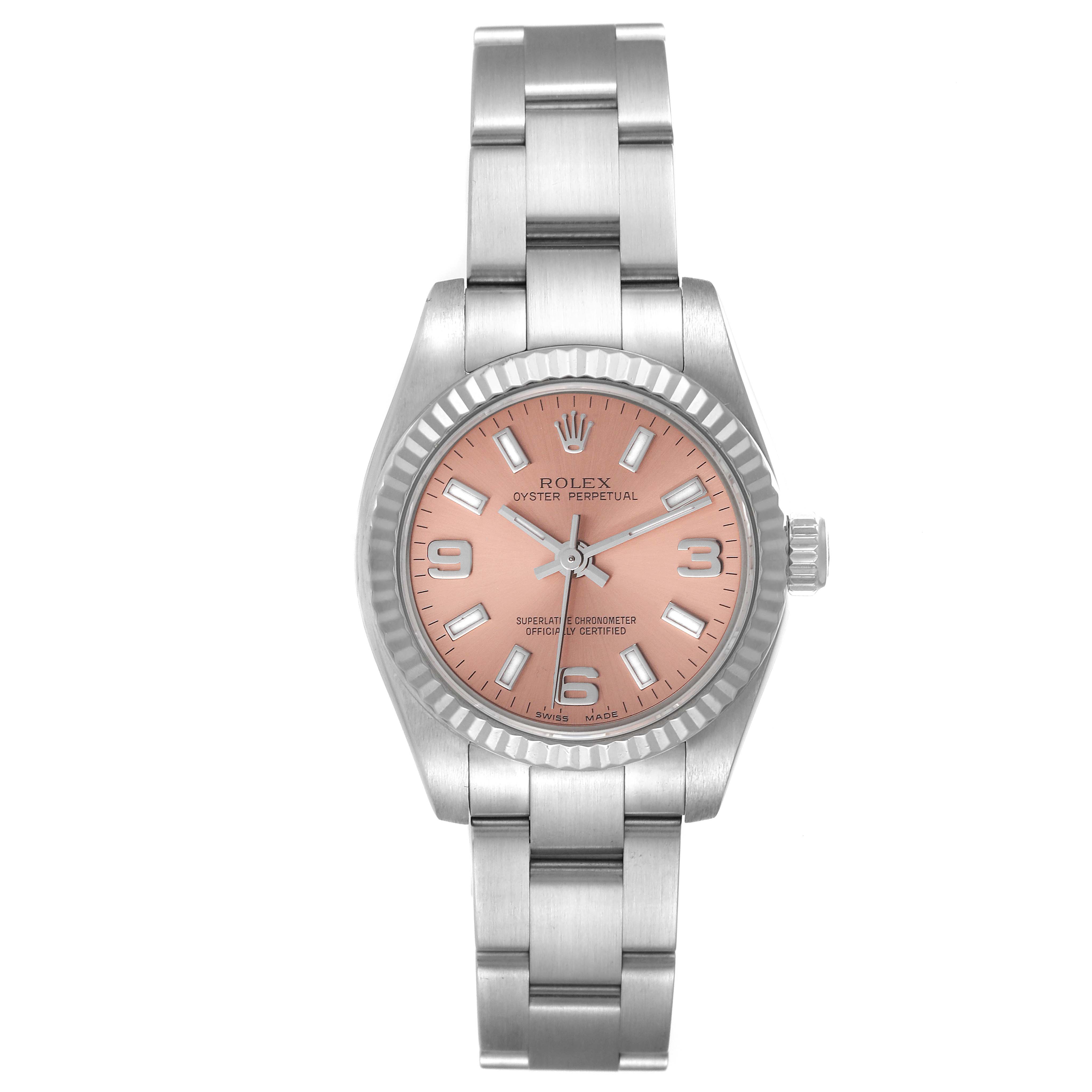The Rolex Oyster Perpetual 176234 Women
s Stainless Steel Pink Dial 176234 Women
s Stainless Steel Pink Dial watch is shown from a straight-on angle, displaying the face, bezel, and bracelet.