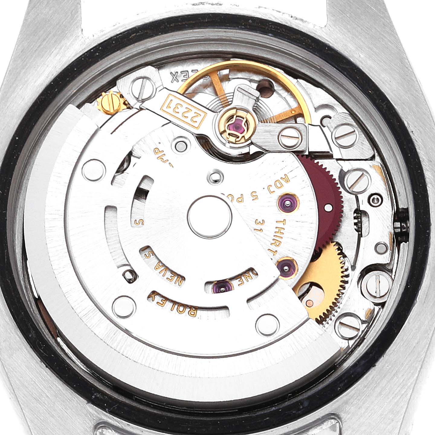 This image shows the inner mechanical movement of a Rolex Oyster Perpetual 176234 Women
s Stainless Steel Pink Dial 176234 Women
s Stainless Steel Pink Dial watch from a close-up, open case back angle.