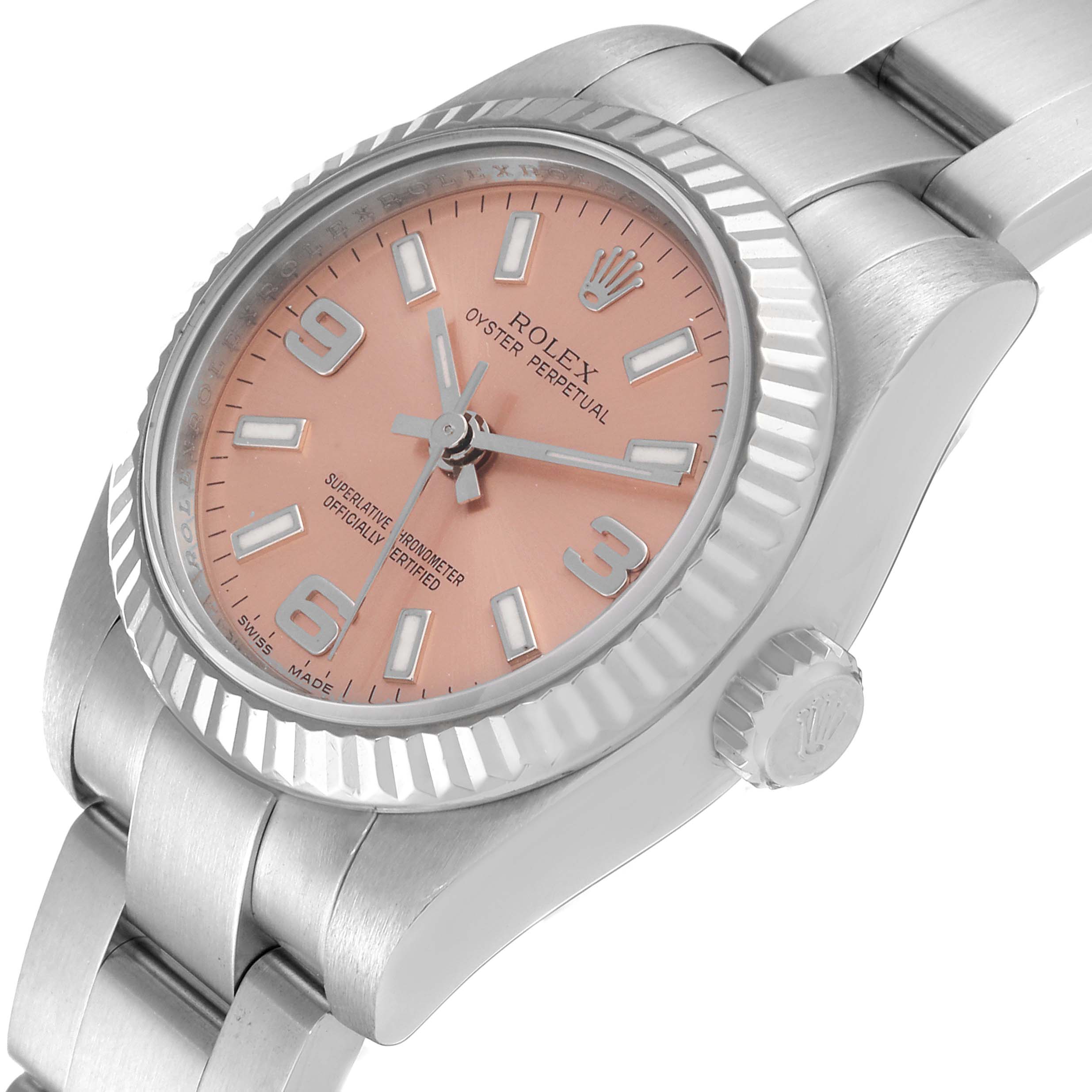 The image shows a close-up angle of the Rolex Oyster Perpetual 176234 Women
s Stainless Steel Pink Dial 176234 Women
s Stainless Steel Pink Dial watch highlighting its dial, bezel, crown, and part of the bracelet.