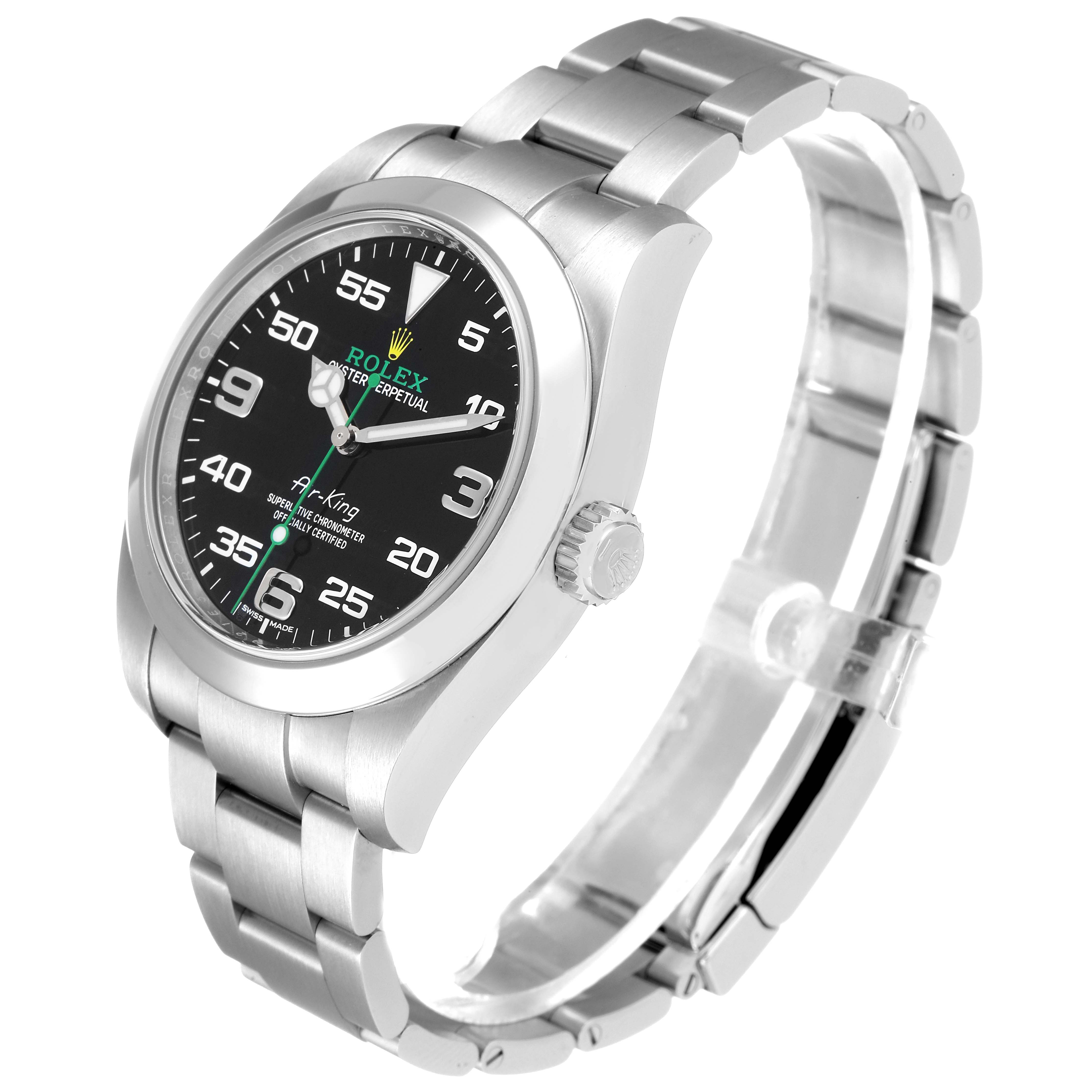 The image shows the Rolex Air-King 116900 Men's Stainless Steel Black Dial 116900 Men's Stainless Steel Black Dial watch at a slight angle, highlighting its face, crown, and stainless steel bracelet.