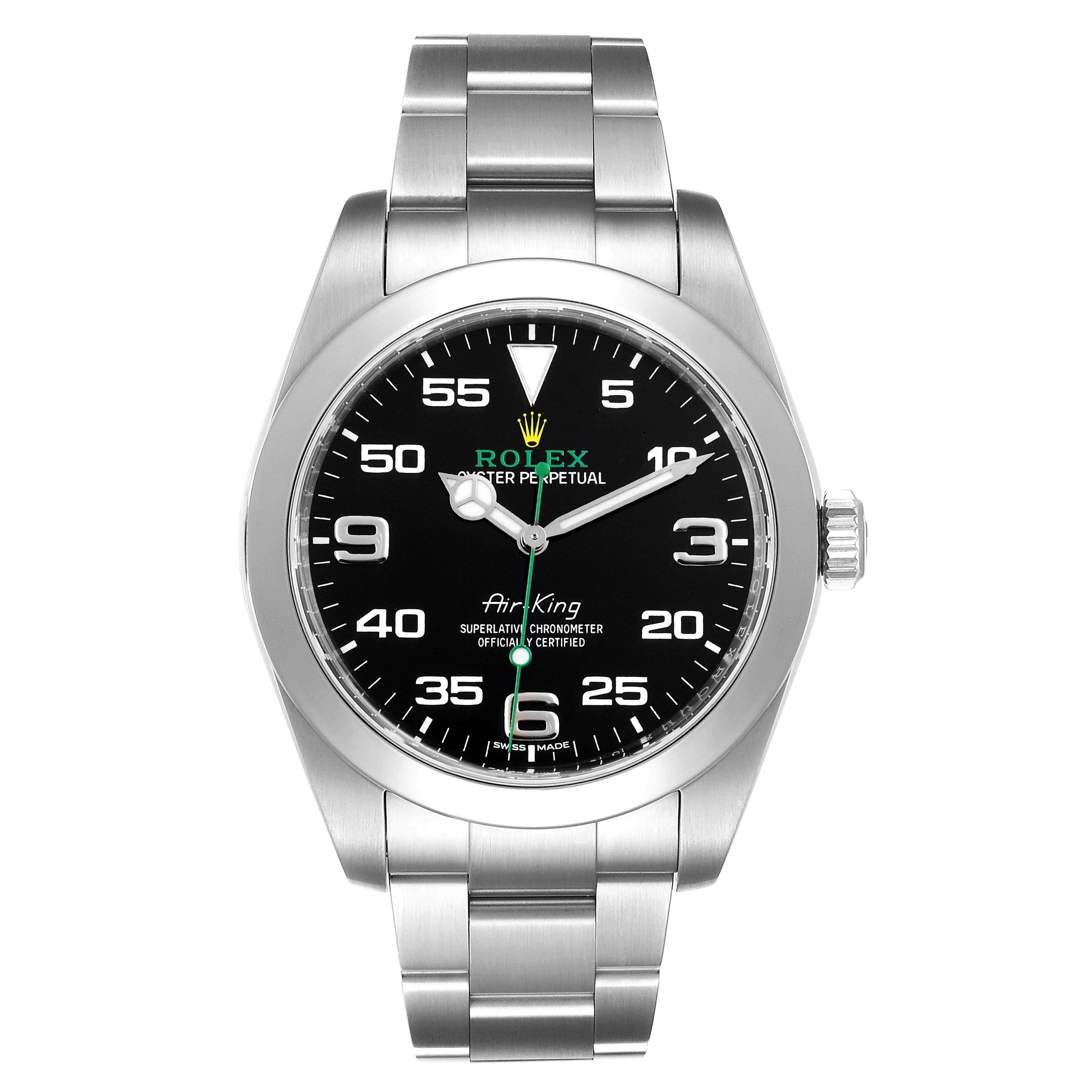 The image shows a front view of the Rolex Air-King 116900 Men's Stainless Steel Black Dial 116900 Men's Stainless Steel Black Dial watch, highlighting the black dial, bracelet, and crown.