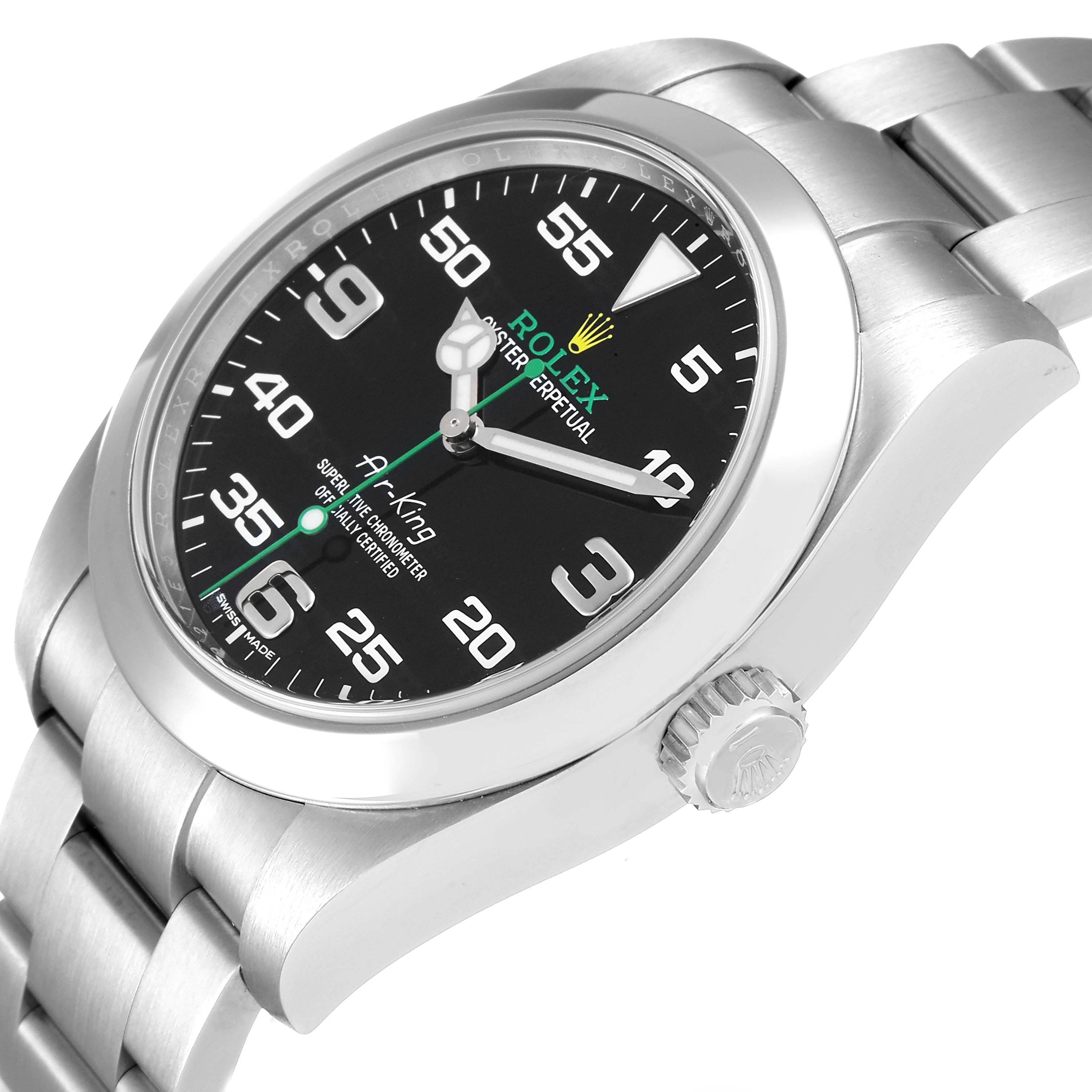 The image shows a Rolex Air-King 116900 Men's Stainless Steel Black Dial 116900 Men's Stainless Steel Black Dial watch from a slight side angle, highlighting the face, bezel, crown, and part of the bracelet.